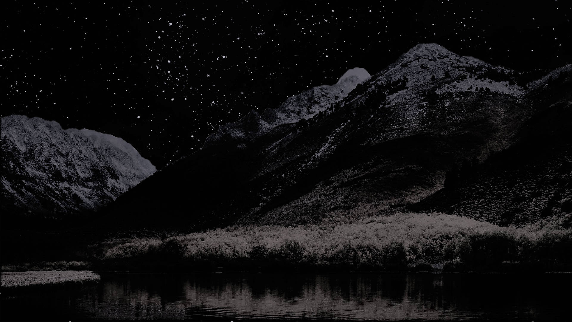 夜幕山脊MacOS 壁紙 — 星空夜空倒映在平靜的湖面上，四周環繞著積雪的山脈和結霜的樹木。
