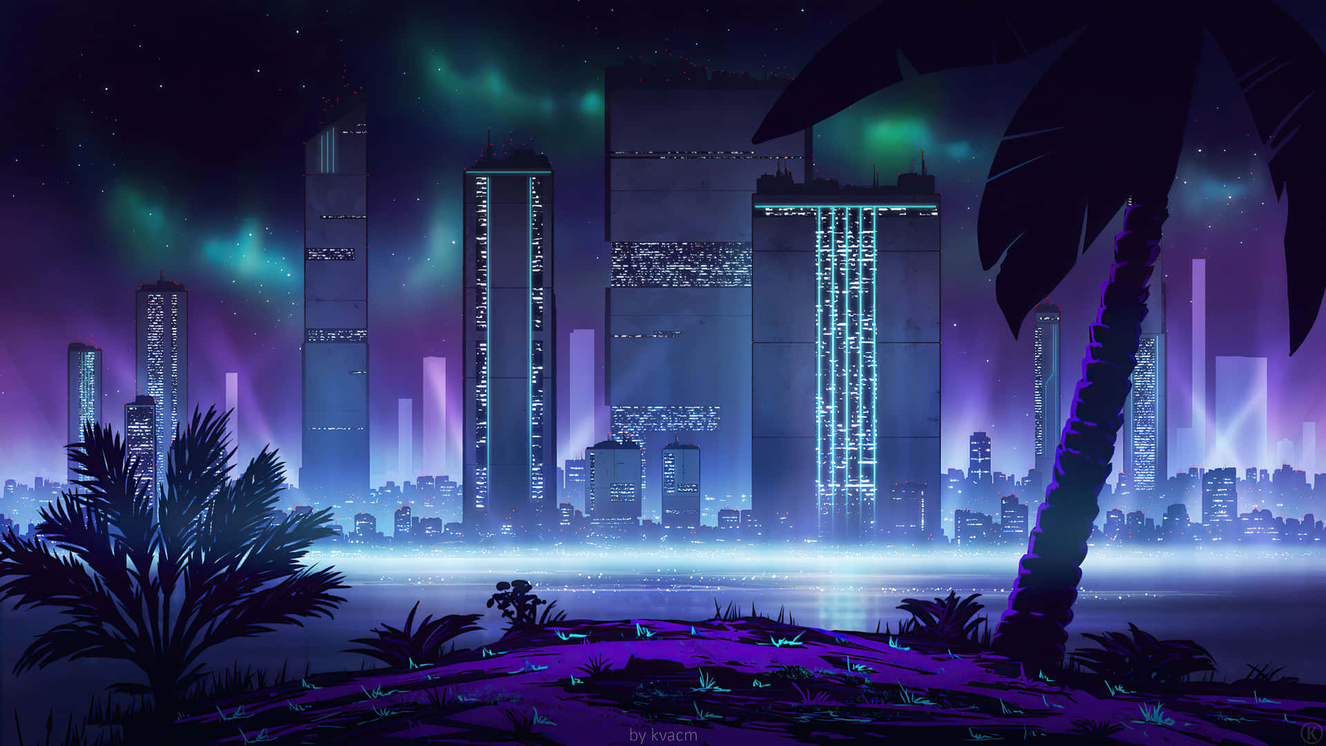未來城市天際線夜景，霓虹燈和棕櫚樹在極光下。
