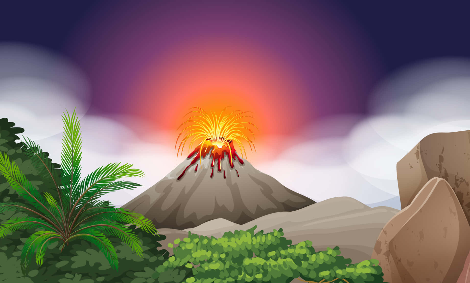 火山在紫色日落下噴發熔岩，周圍環繞著叢林植物和岩石。