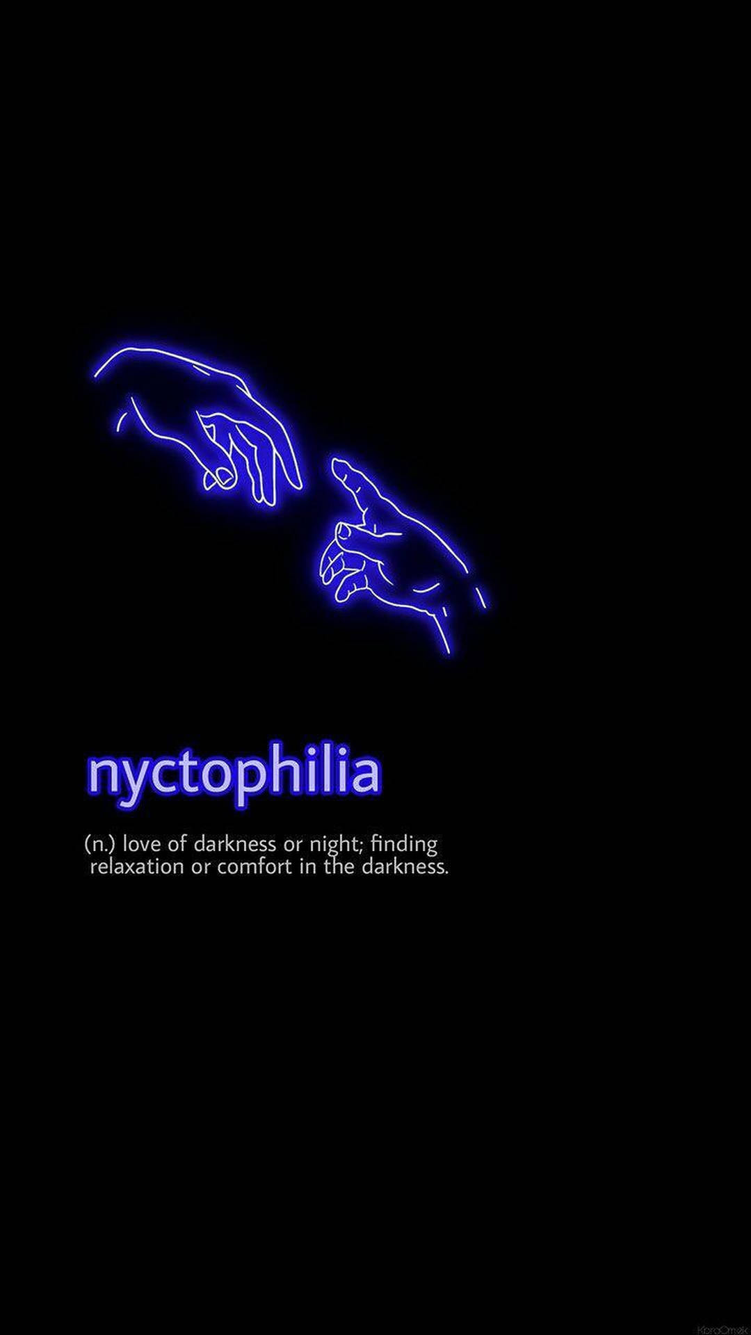兩隻霓虹藍色輪廓的手互相伸向對方，帶有單詞 nyctophilia 和定義。 — 美學字眼 壁紙