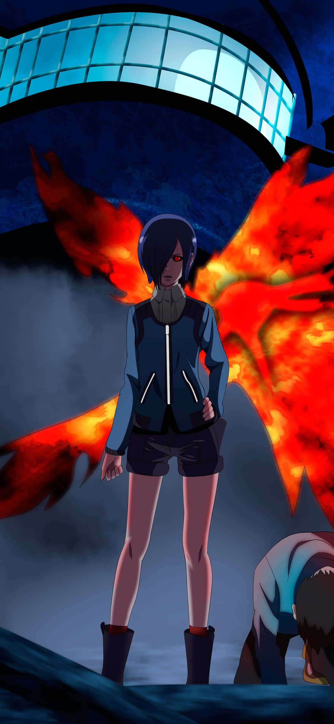 Touka Kirishima 桌布 壁紙 — 夜晚，一位深色頭髮的動漫女孩，擁有發光的紅色眼睛和火焰翅膀，挑釁地站在發光的藍色拱門下。