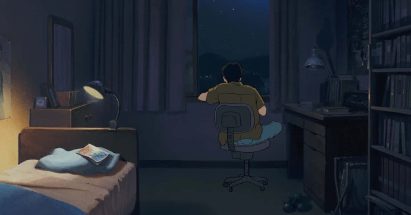 Studio Ghibli Ocean Waves 桌布 壁紙 — 夜晚，一個孤獨的身影坐在燈光昏暗的臥室裡，凝視著窗外繁星點點的夜空。