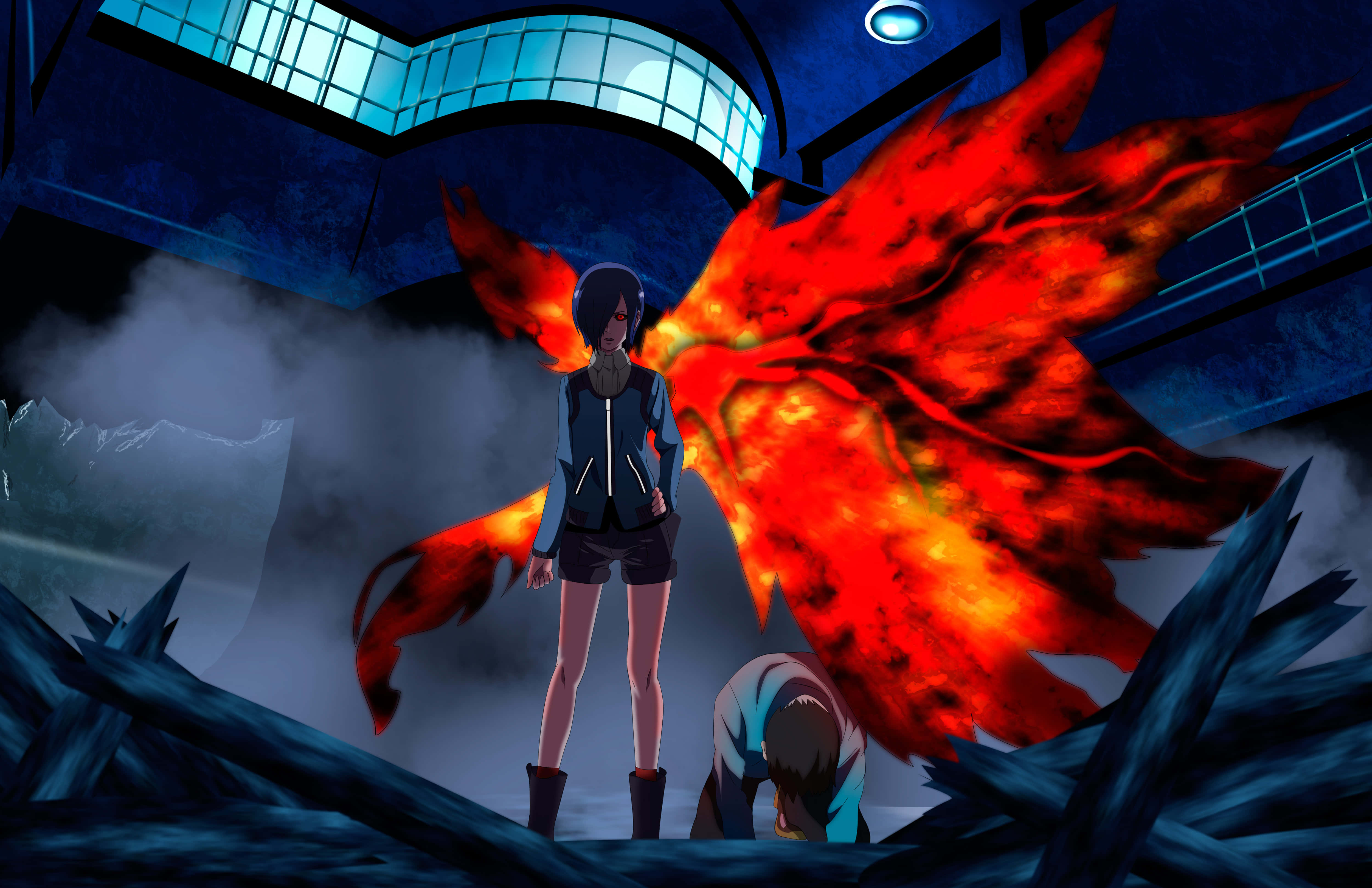 Touka Kirishima 桌布 壁紙 — 夜晚，一個黑髮動漫女孩帶著火焰翅膀，站在一個跪著的人物上方，背景是破碎的藍色建築。