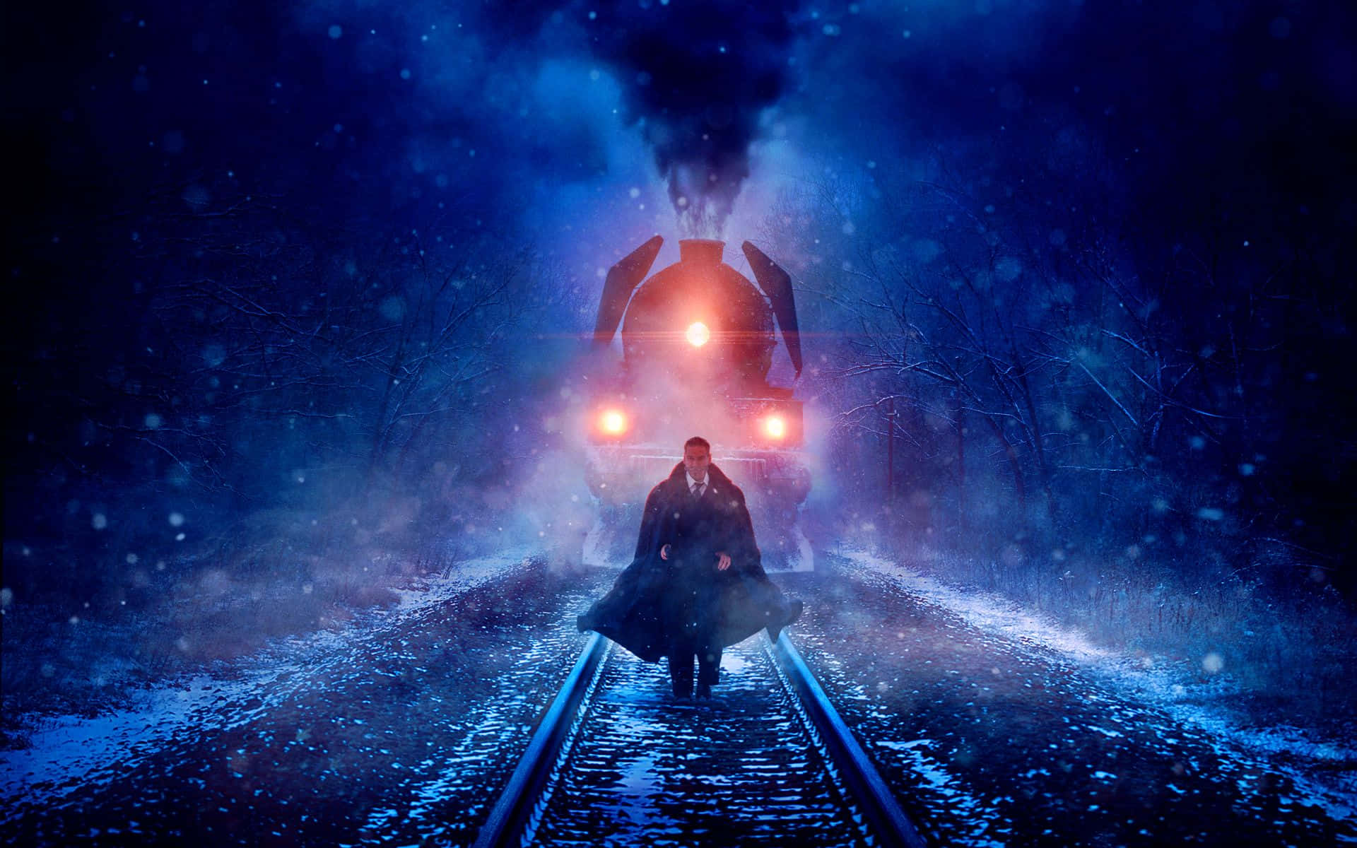 Thrilling 桌布 壁紙 — 夜晚，一名身穿大衣的男子在紅色發光車頭燈下，踏著飄雪走向蒸汽火車。