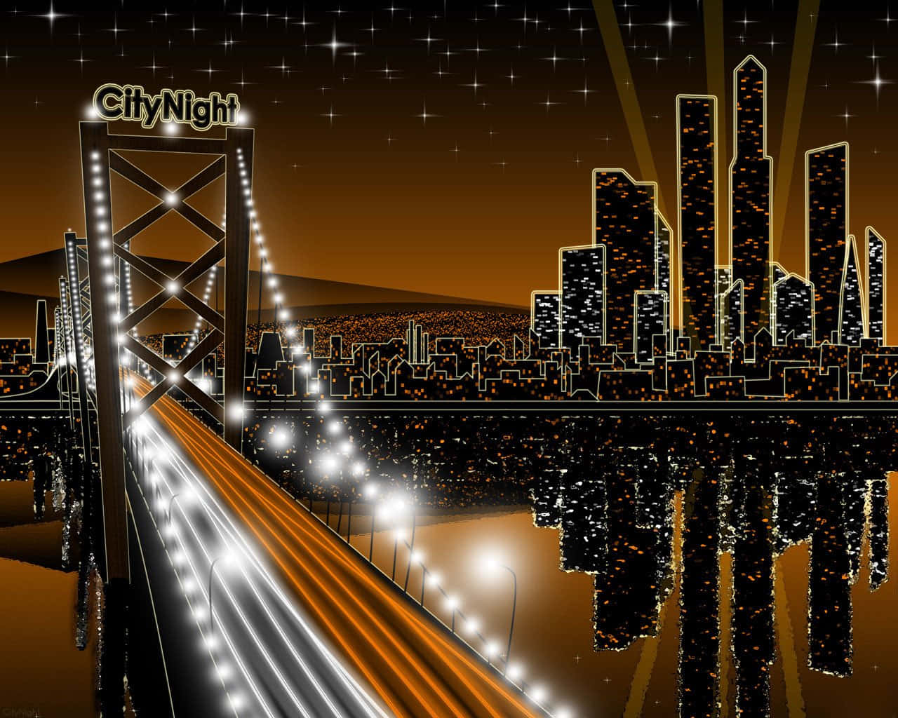 3d City 桌布 壁紙 — 夜晚，一座發光的橋樑橫跨河流，倒映出城市天際線，在繁星點點的橙色天空下。