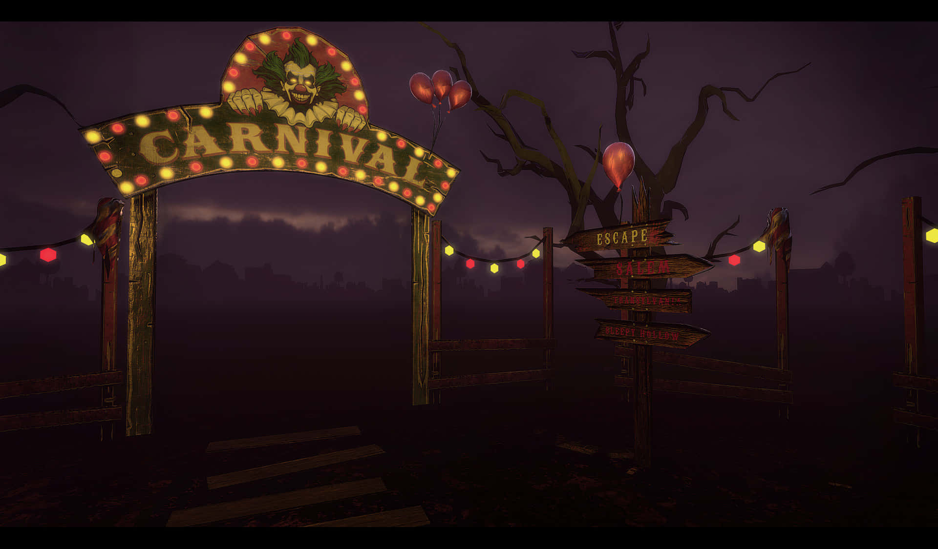Dark Carnival 桌布 壁紙 — 夜晚一個詭異的嘉年華入口，發光的招牌上有一個咧嘴笑的小丑，扭曲的樹木和漂浮的氣球。