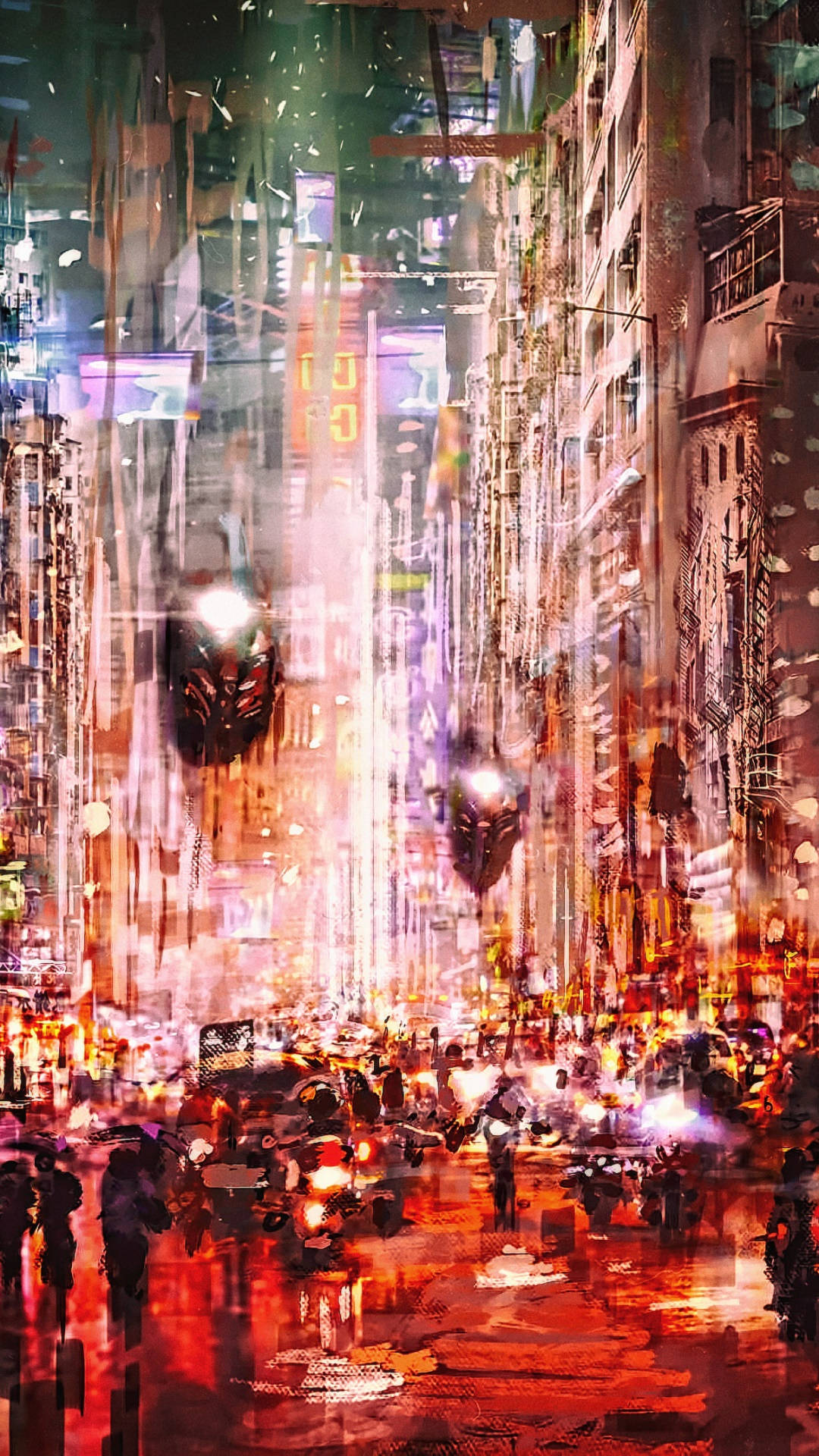手機 桌布 壁紙 — 夜晚一條充滿霓虹燈的賽博朋克城市街道，飛行車輛和模糊的人群倒映在濕漉漉的路面上。