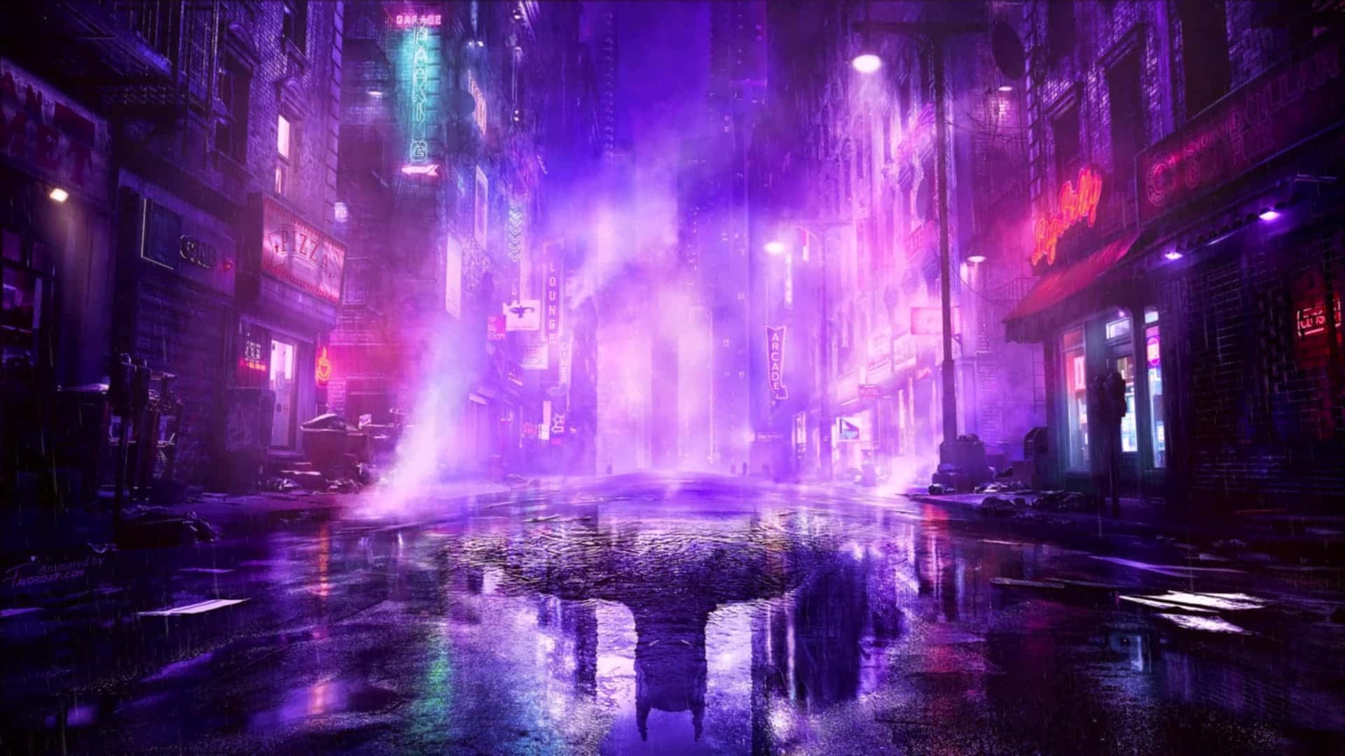 Gotham City 桌布 壁紙 — 夜晚一條充滿霓虹燈的賽博朋克小巷，紫色和粉紅色的燈光在高聳建築物下的濕漉漉路面上反射。