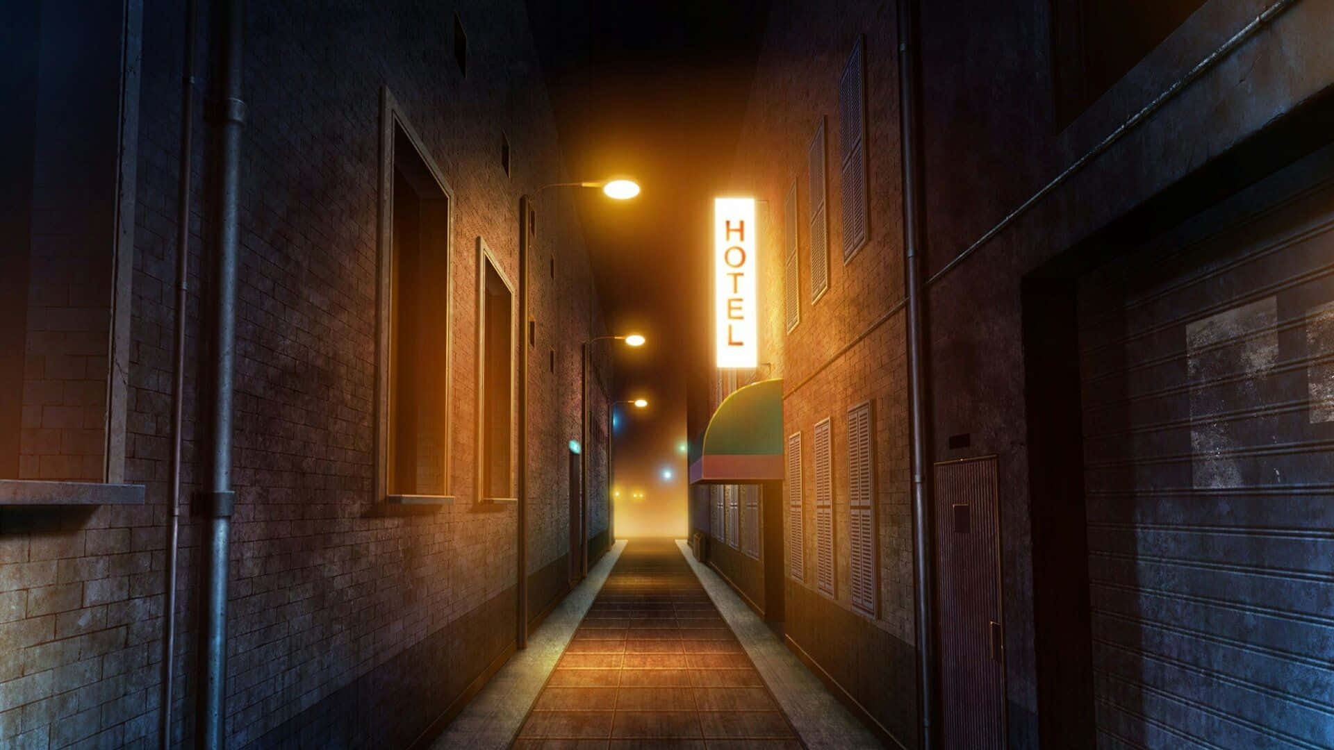 Alleyway 桌布 壁紙 — 夜晚一條狹窄的磚砌小巷，被溫暖的路燈和發光的垂直酒店招牌照亮。
