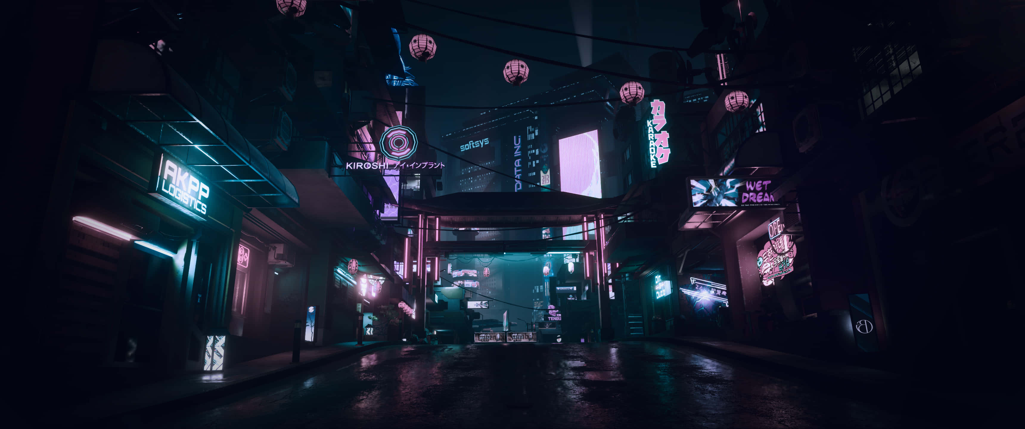 Dark Cyberpunk 桌布 壁紙 — 夜晚一條被雨水浸濕、霓虹燈閃爍的賽博朋克小巷，帶有發光的招牌和潮濕反光的路面。