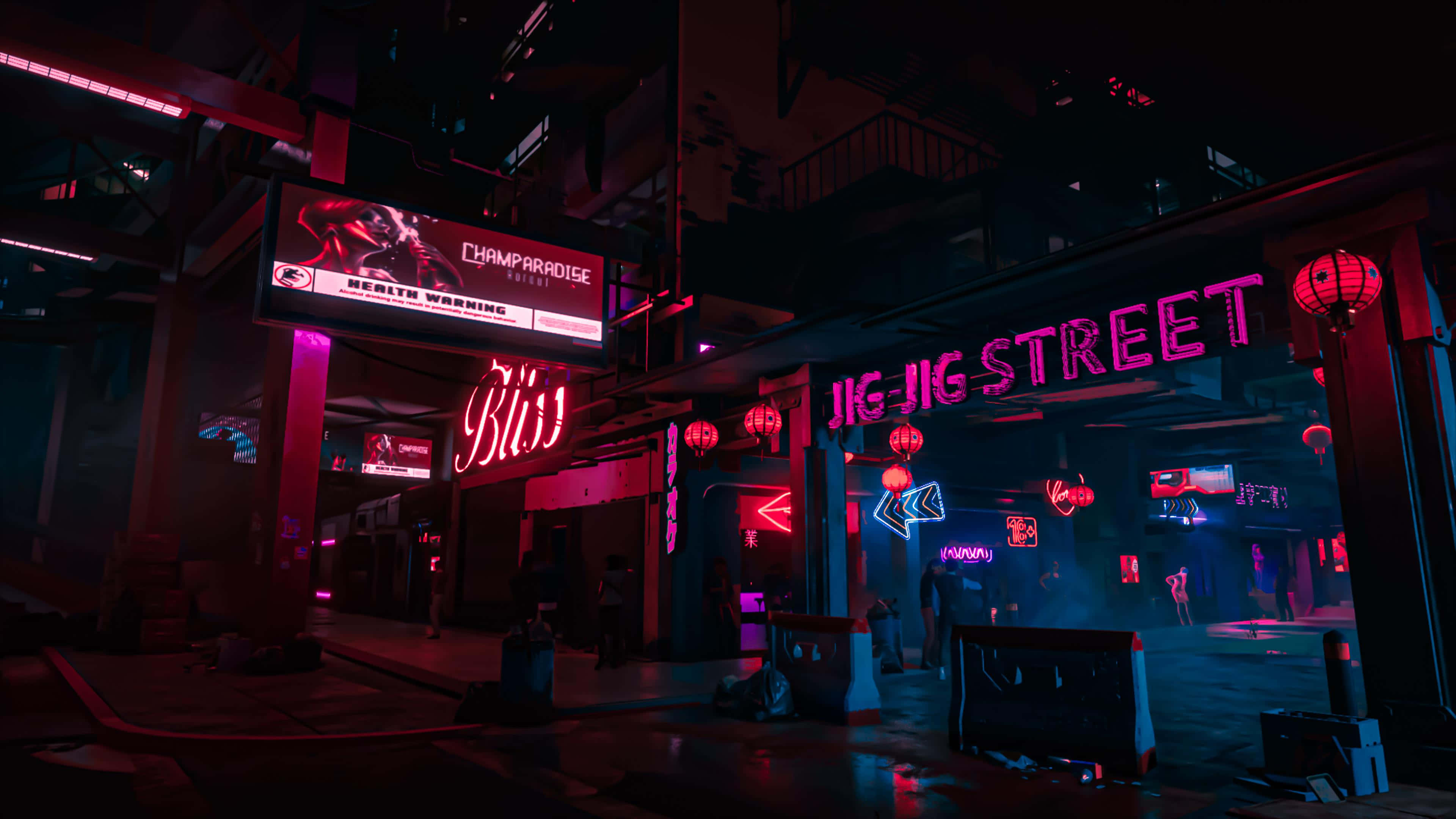Dark Cyberpunk 桌布 壁紙 — 夜晚一條霓虹燈照亮嘅城市小巷，發光嘅招牌寫住「JIG JIG STREET」同「Bliss」，喺濕漉漉嘅行人路上投射出充滿活力嘅粉紅色同藍色色調。
