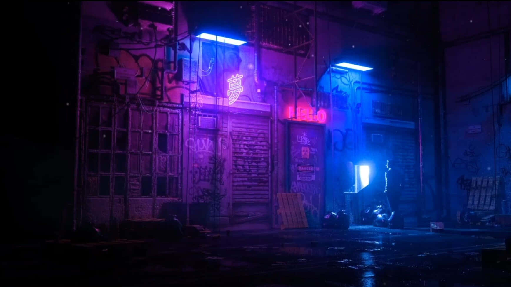 Beautiful Retro 桌布 壁紙 — 夜晚一條霓虹燈照亮嘅城市小巷，發光嘅招牌同濕漉漉嘅路面反射出鮮豔嘅紫色同藍色燈光。