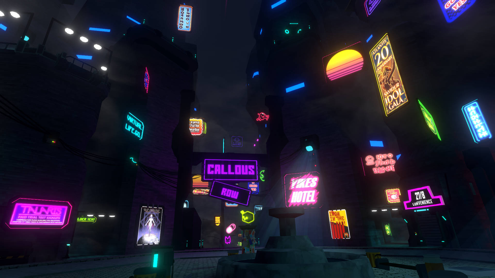 Vrchat The Row 壁紙 — 夜晚一條霓虹燈照亮的賽博朋克小巷，發光的招牌和高聳的建築物在潮濕的路面上投下色彩繽紛的倒影。