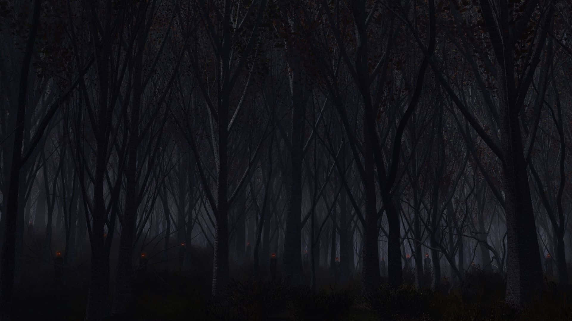 深色主題 桌布 壁紙 — 夜晚一片茂密的黑暗森林，樹木光禿，遠處有微弱的發光燈光。