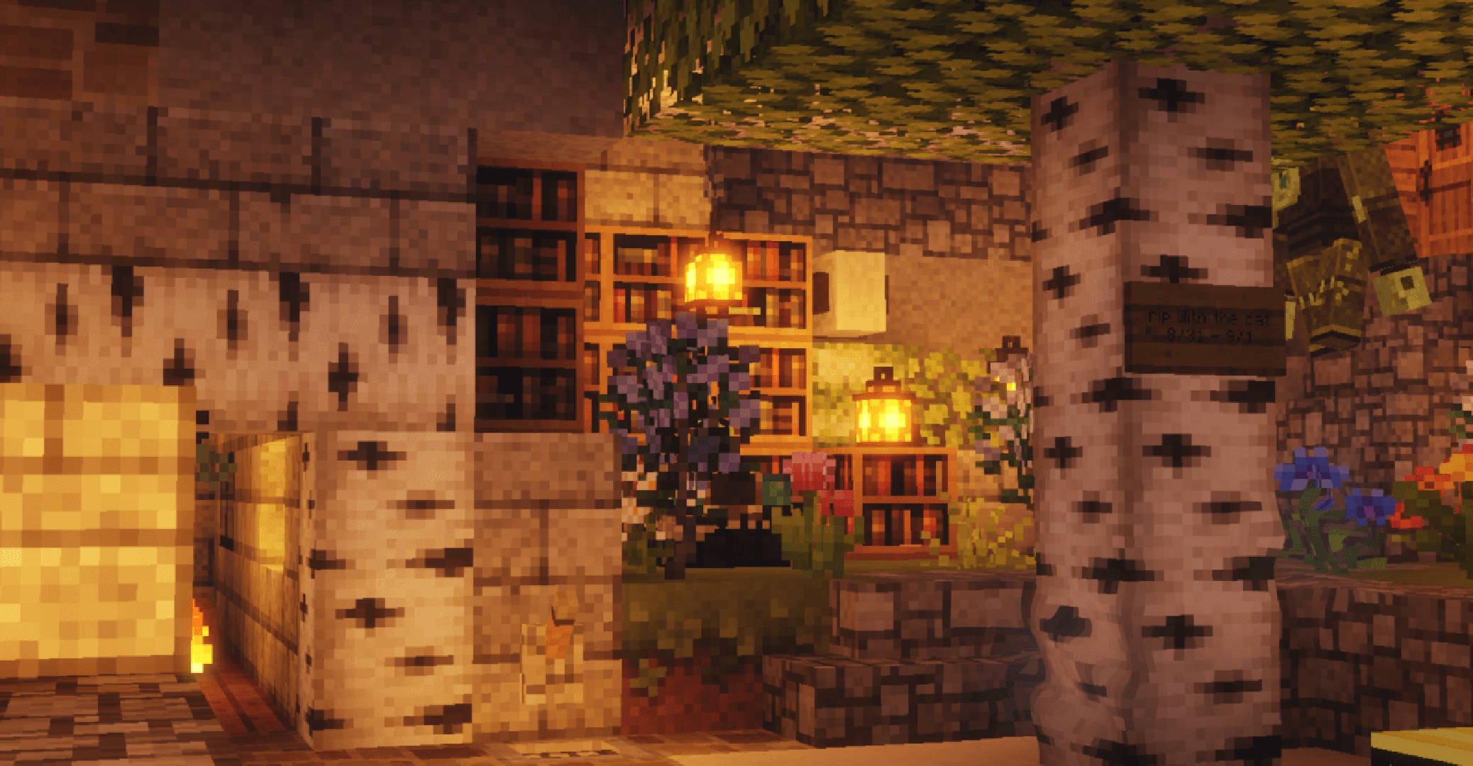 Minecraft HD 桌布 壁紙 — 夜晚中一個舒適的Minecraft村莊房屋，有發光的燈籠和白樺樹，在星空下。