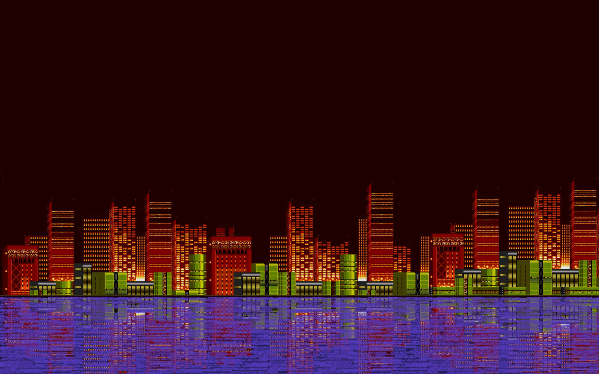 Sonic City Escape 桌布 壁紙 — 夜晚像素化城市天際線，紅色和綠色建築物倒映在紫色水面上。