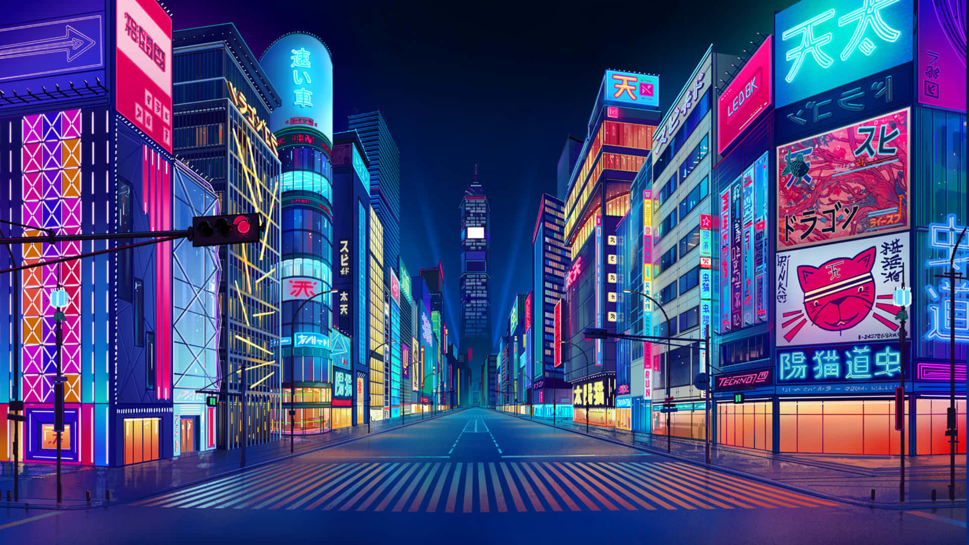 東京 桌布 壁紙 — 夜晚充滿活力的霓虹燈城市街道，高聳的建築物和發光的招牌倒映在濕漉漉的人行道上。