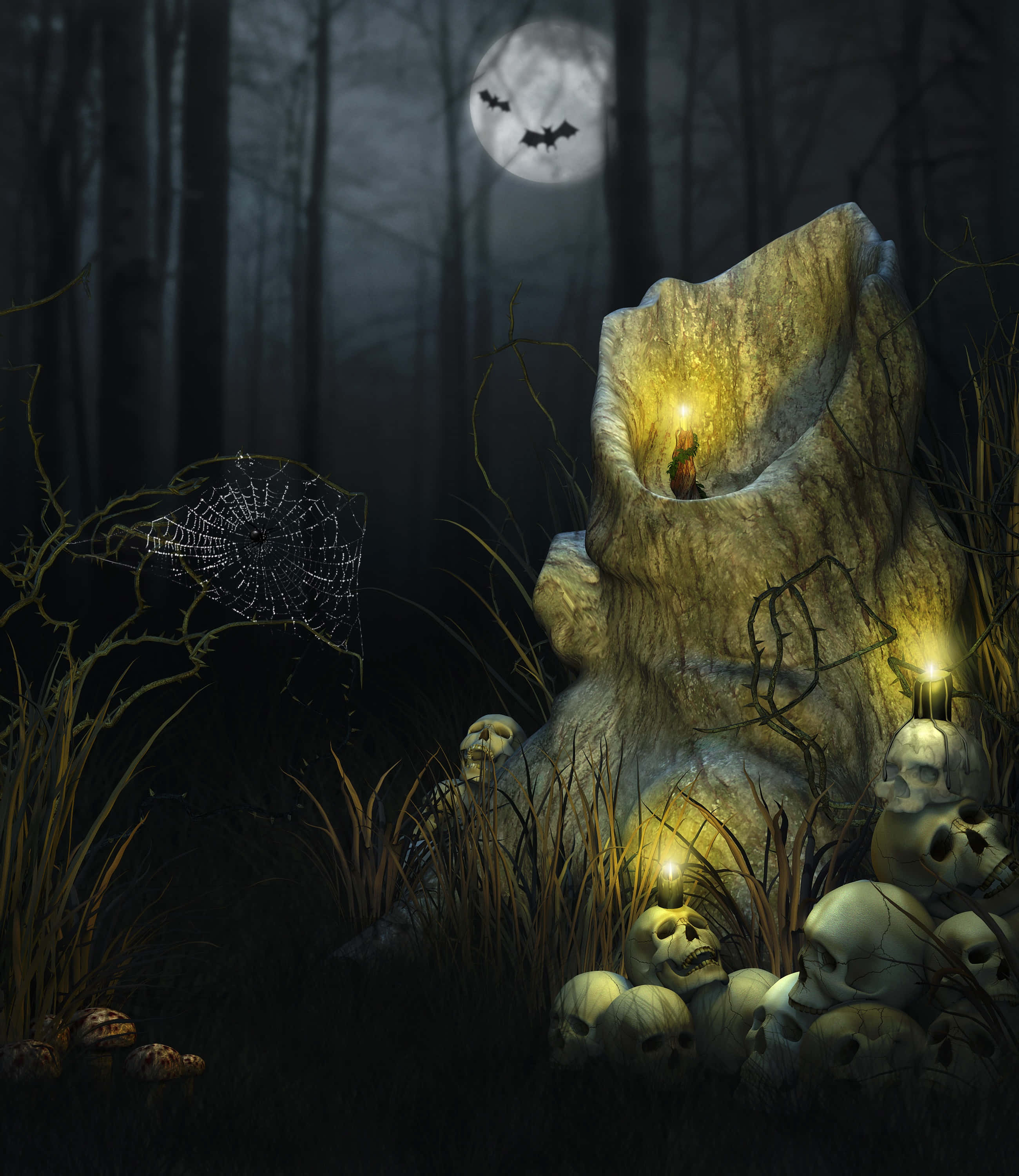Halloween Phone 桌布 壁紙 — 夜晚嘅恐怖森林，有發光樹樁、骷髏頭同蝙蝠喺滿月下飛翔。