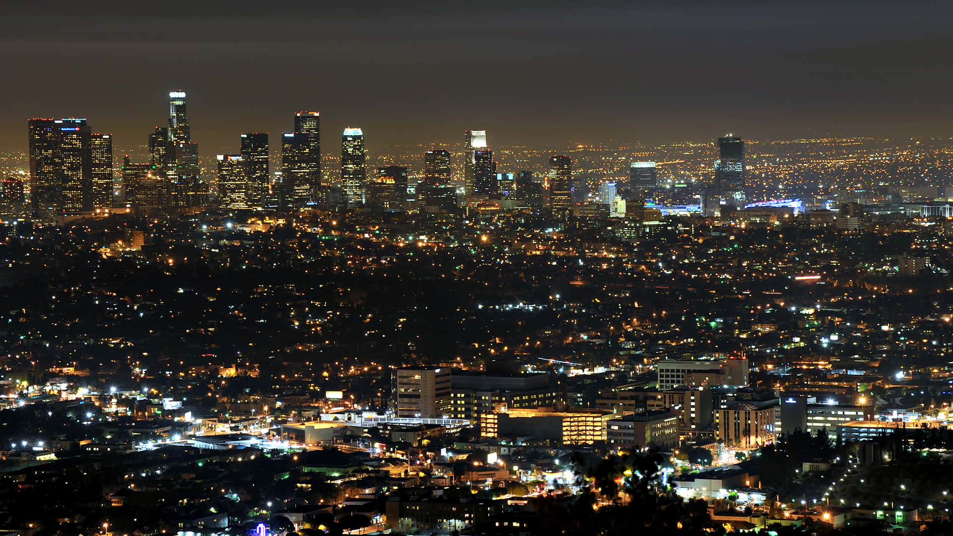 La 桌布 壁紙 — 夜晚廣闊的城市景觀，高聳的摩天大樓和無數閃爍的燈光延伸至地平線。