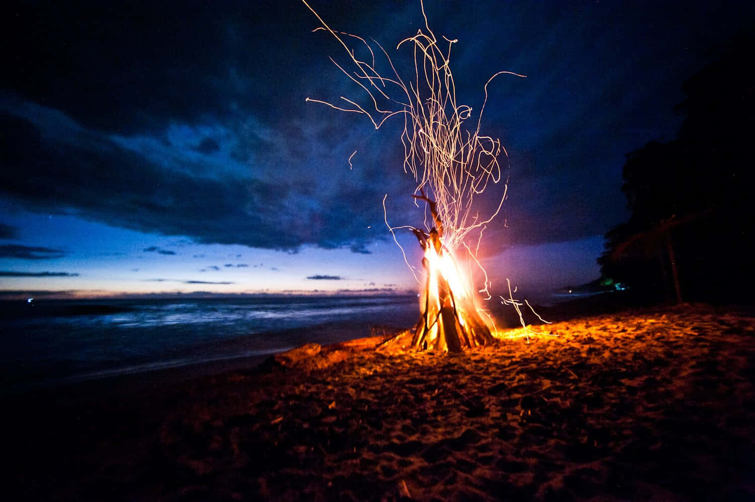 Beach Bonfire 桌布 壁紙 — 夜晚沙灘上充滿活力的營火，發光的火花在深藍色暮色天空中向上飛舞。