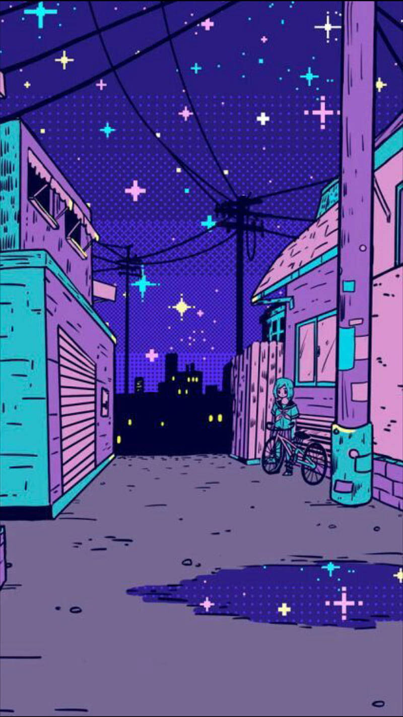 藝術 桌布 壁紙 — 夜晚發光的霓虹小巷，星空下有一個人和單車，還有色彩繽紛的十字形燈光。