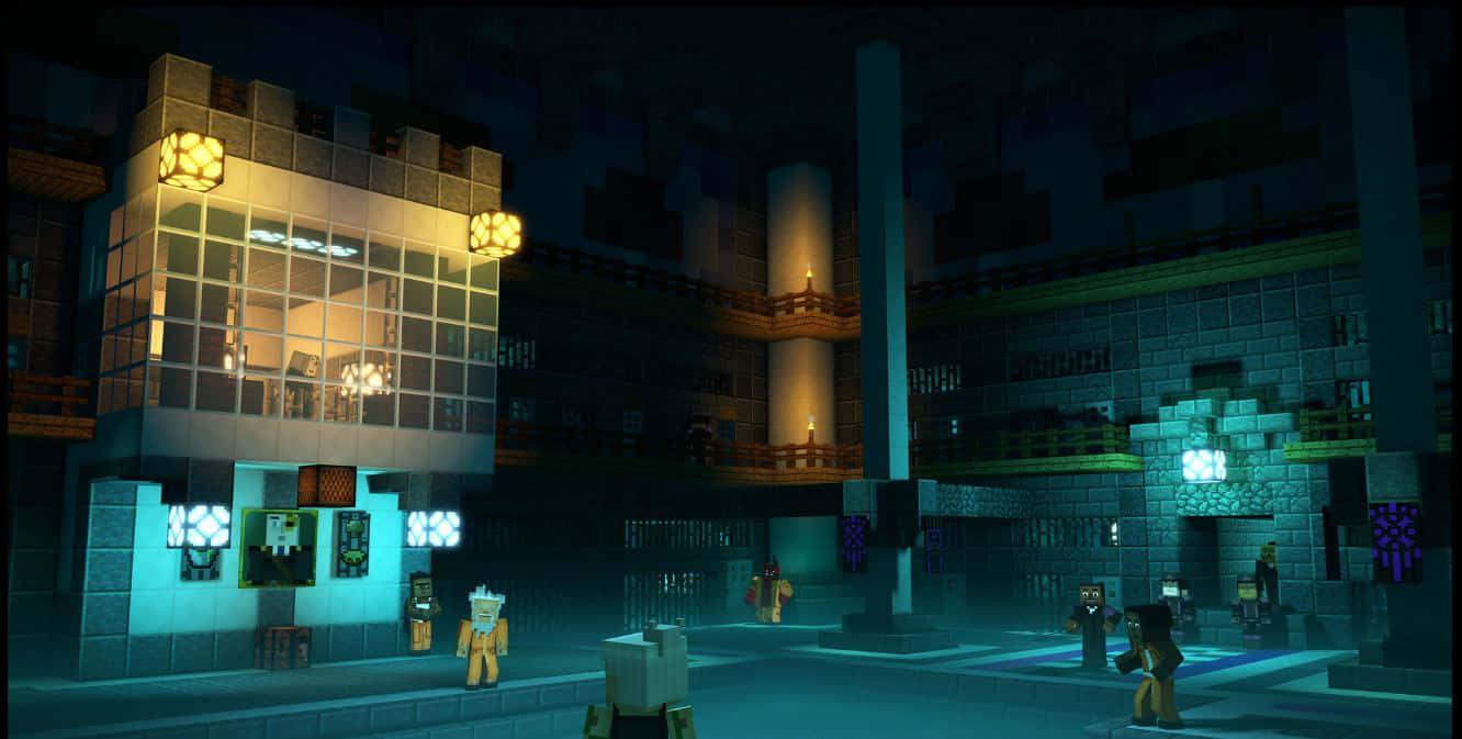 Minecraft Story Mode 桌布 壁紙 — 夜晚的Minecraft村莊，在黑暗的天空下，有發光的燈籠和方塊角色。