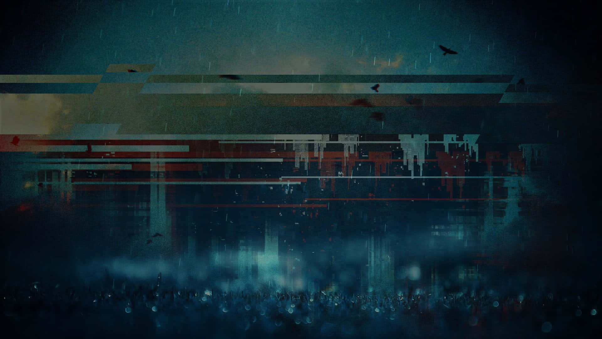 Glitch Effect 桌布 壁紙 — 夜晚的故障數碼城市景觀，雨水落在扭曲的建築物和飛鳥上。