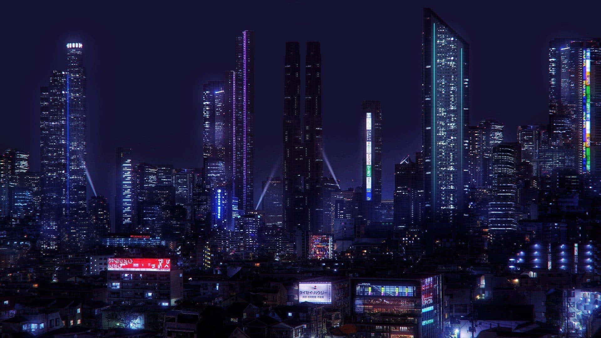 Dark Cyberpunk 桌布 壁紙 — 夜晚的未來城市天際線，高聳的摩天大樓閃爍著鮮豔的霓虹燈光，激光束穿透黑暗的天空。