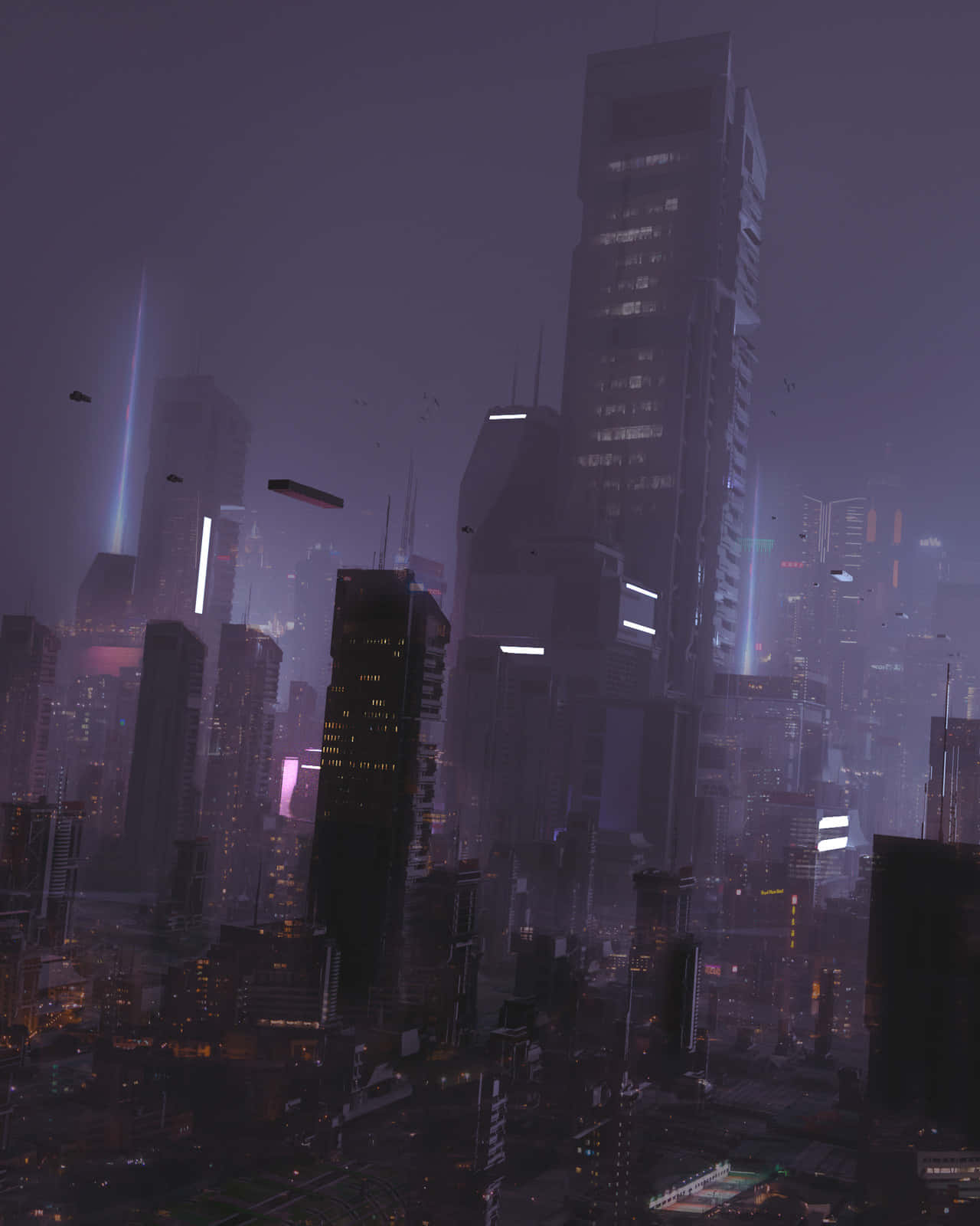 Dark Dystopian 桌布 壁紙 — 夜晚的未來城市景觀，高聳的摩天大樓在朦朧的紫色天空下發光，並有飛行車輛。