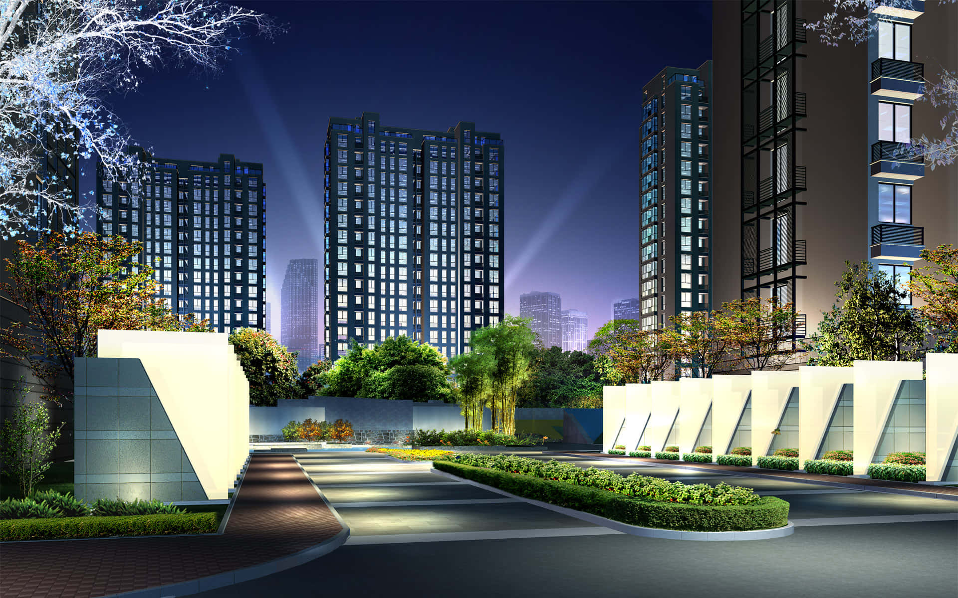 3d City 桌布 壁紙 — 夜晚的現代城市住宅區，高聳的照明塔樓和景觀小徑在人造燈光下閃耀。