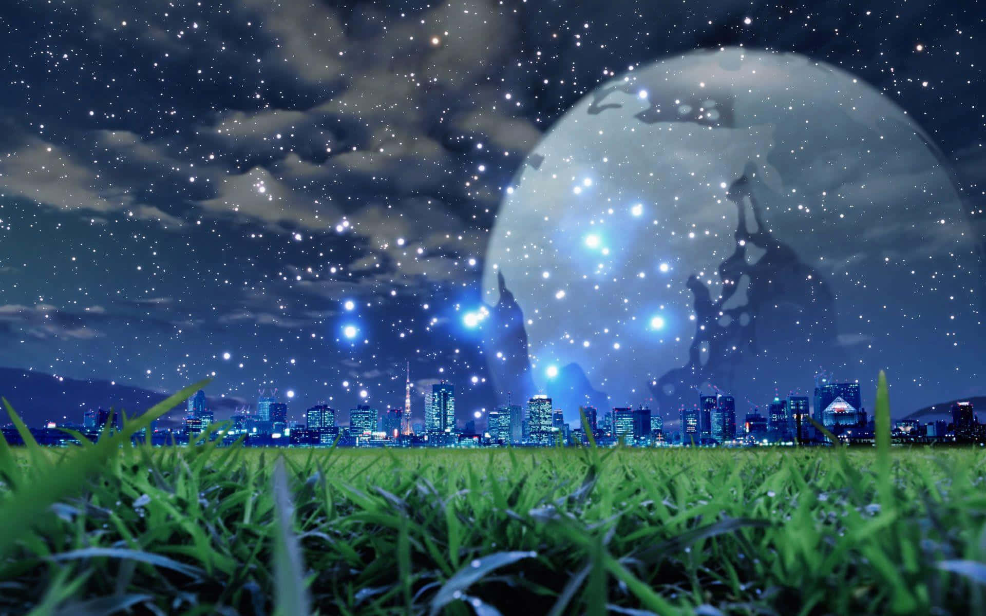 Cool Nature 桌布 壁紙 — 夜晚的草地，星空下閃爍的城市天際線，以及一個可見大陸的巨型月亮。