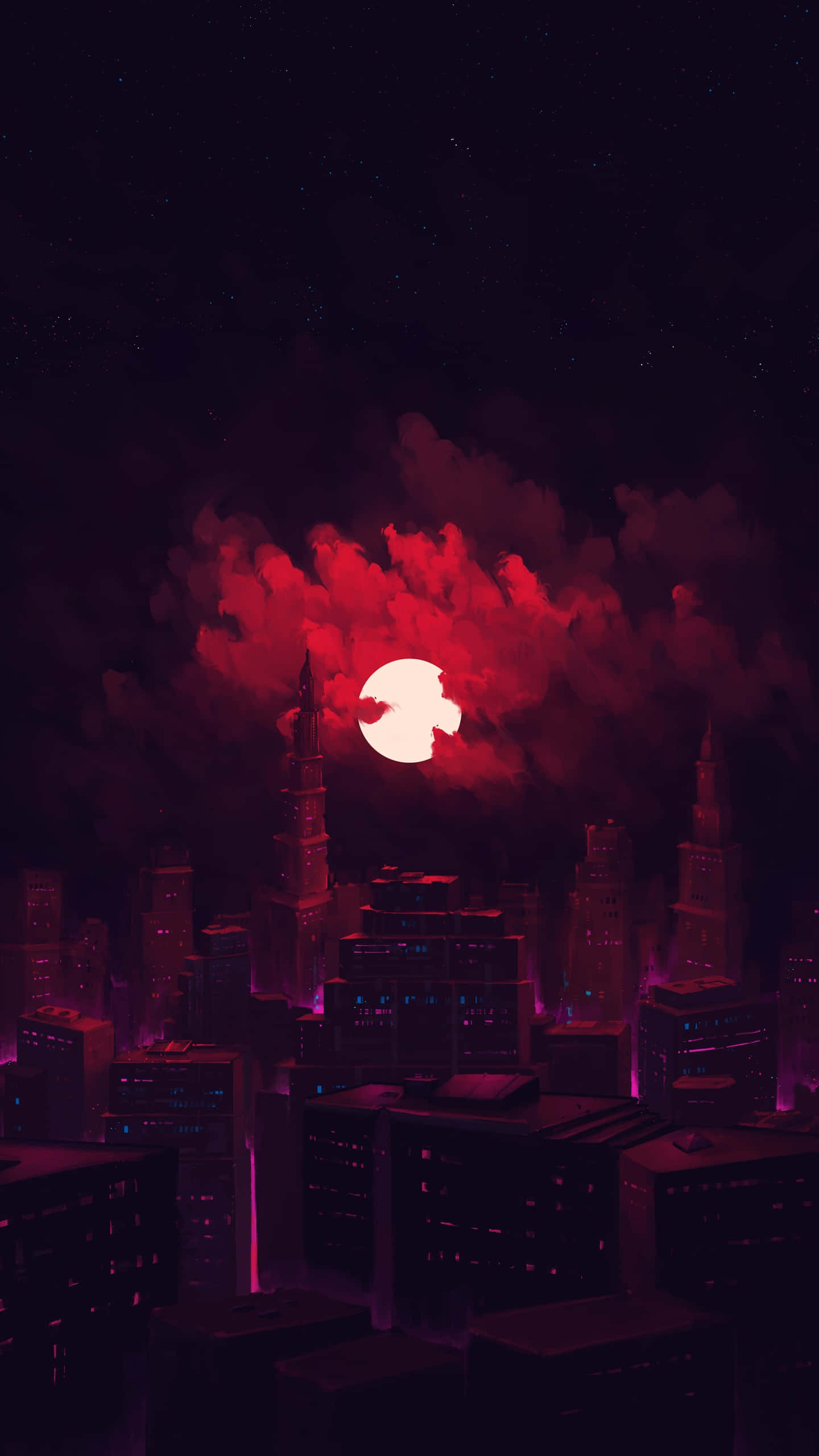 暗夜城市 桌布 壁紙 — 夜晚的超現實城市景觀，一輪發光的紅月部分被深紅色的雲層遮擋，向摩天大樓投射出紫色的光芒。