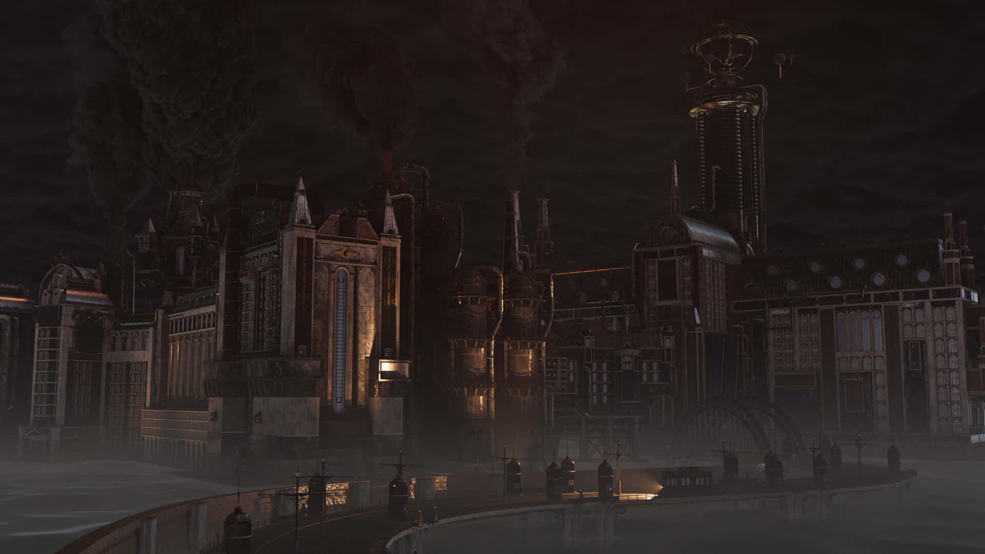 Dark Dystopian 桌布 壁紙 — 夜晚的黑暗蒸氣龐克城市景觀，發光的管道和煙霧從工業建築中升起，天空多雲。