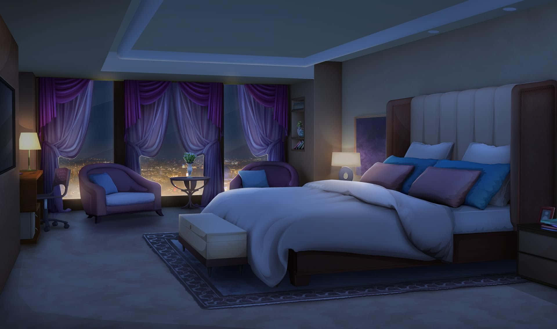 Hotel Room 桌布 壁紙 — 夜晚舒適的臥室，紫色窗簾框住城市景觀，燈具和天花板燈提供柔和照明。