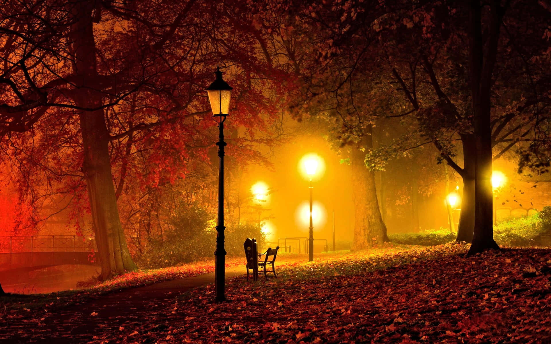 Autumn Evening 桌布 壁紙 — 夜晚薄霧籠罩的秋日公園，溫暖發光的街燈將金色光芒灑在落下的紅葉上。