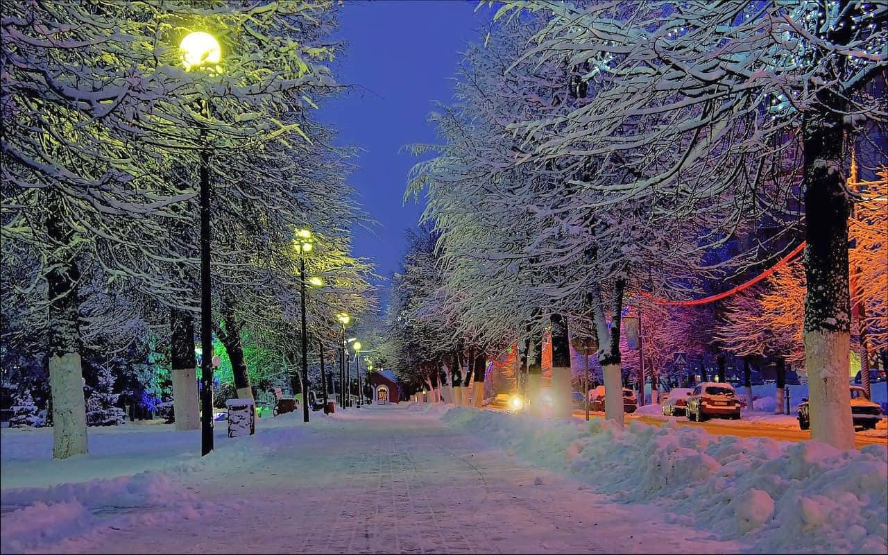 冬天桌面 桌布 壁紙 — 夜晚被雪覆蓋的城市街道，積雪的樹木和路燈上掛滿了色彩繽紛的節日燈飾。