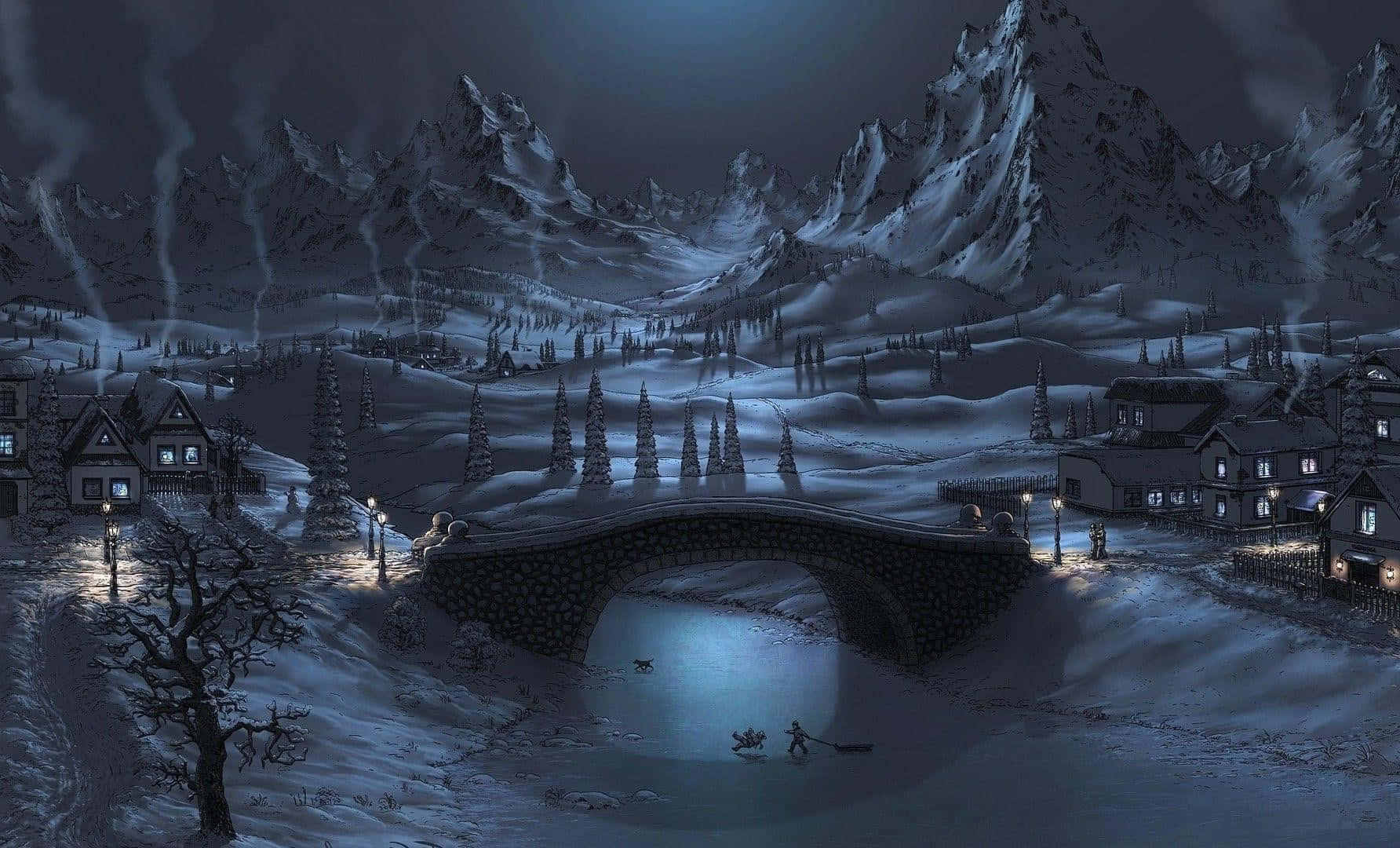Winter Art 桌布 壁紙 — 夜晚被雪覆蓋的山村，有發光的窗戶和一座橫跨河流的石橋，人物在黑暗的天空下滑雪橇。