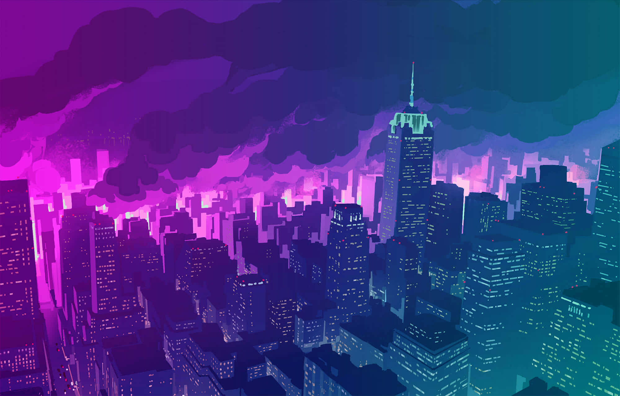 Promare 桌布 壁紙 — 夜晚被霓虹燈浸透的城市景觀，高聳的摩天大樓在超現實的紫色和藍綠色天空下閃耀。