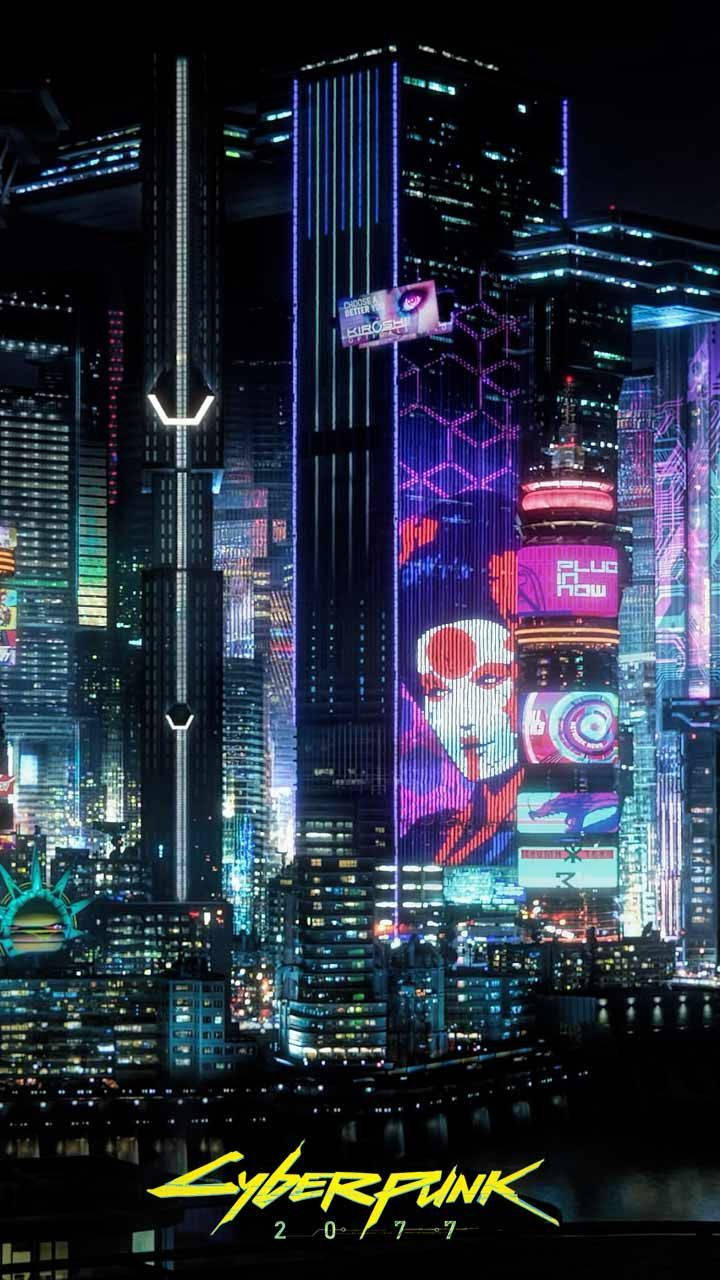 cyberpunk 2077 iPhone 桌布 壁紙 — 夜晚被霓虹燈淹沒的賽博龐克城市景觀，高聳的摩天大樓展示著充滿活力的數位廣告牌和全息投影。