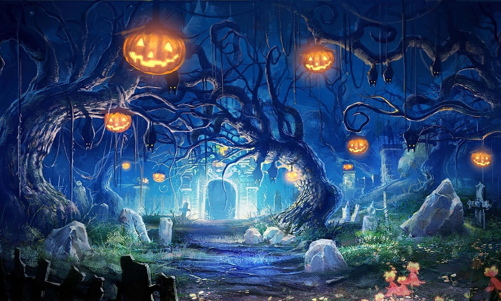 迪士尼萬聖節 桌布 壁紙 — 夜晚陰森的萬聖節森林，扭曲的樹木上掛著發光的南瓜燈，遠處有發光的拱門。