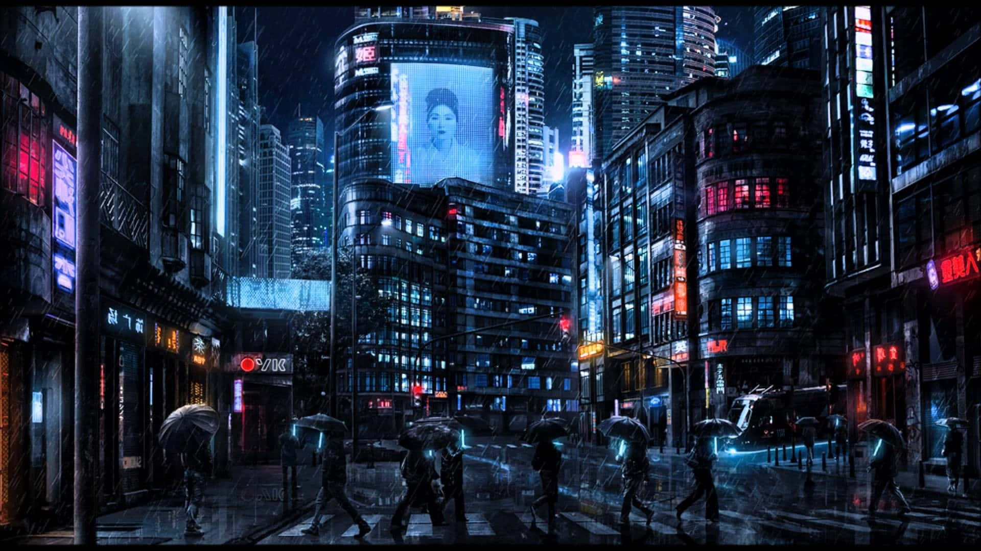 暗夜城市 桌布 壁紙 — 夜晚雨濕的霓虹燈城市街道，行人手持發光雨傘穿過潮濕的十字路口。