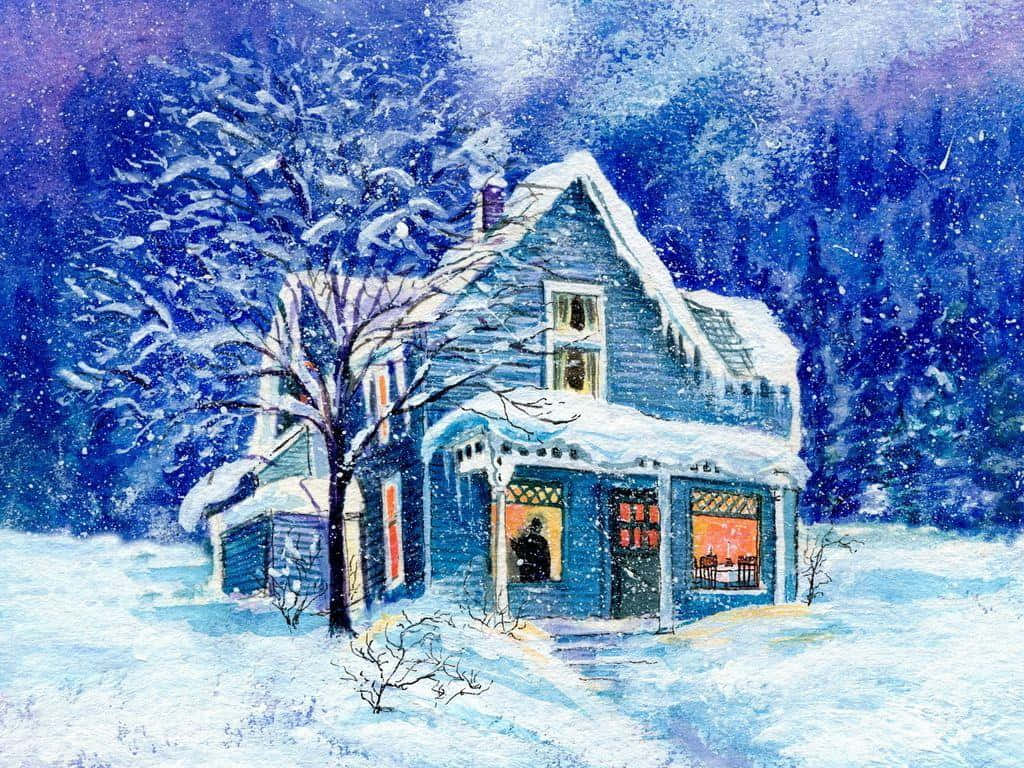 Winter Painting 桌布 壁紙 — 夜晚雪林中的溫馨藍色小屋，窗戶透出溫暖燈光。
