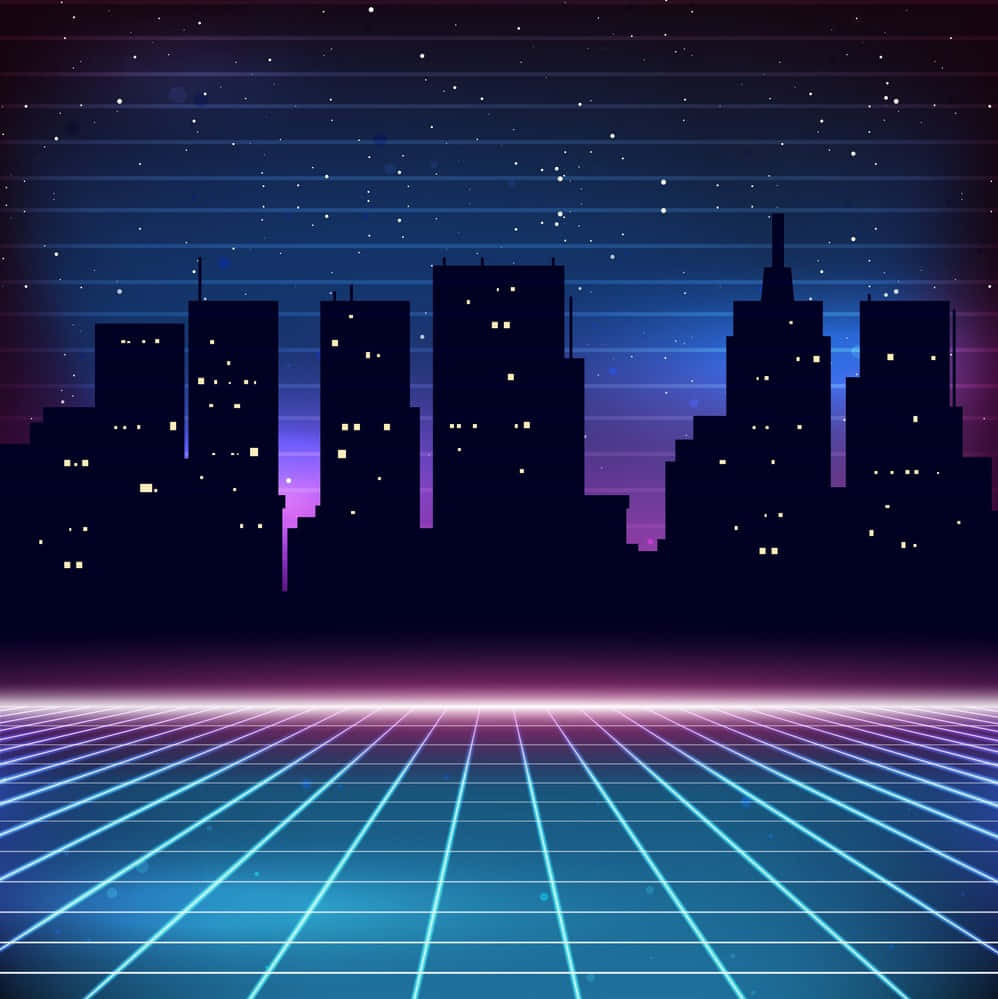 80s Retro 桌布 壁紙 — 夜晚霓虹燈浸染的復古未來主義城市景觀，帶有發光的網格地板和星空。