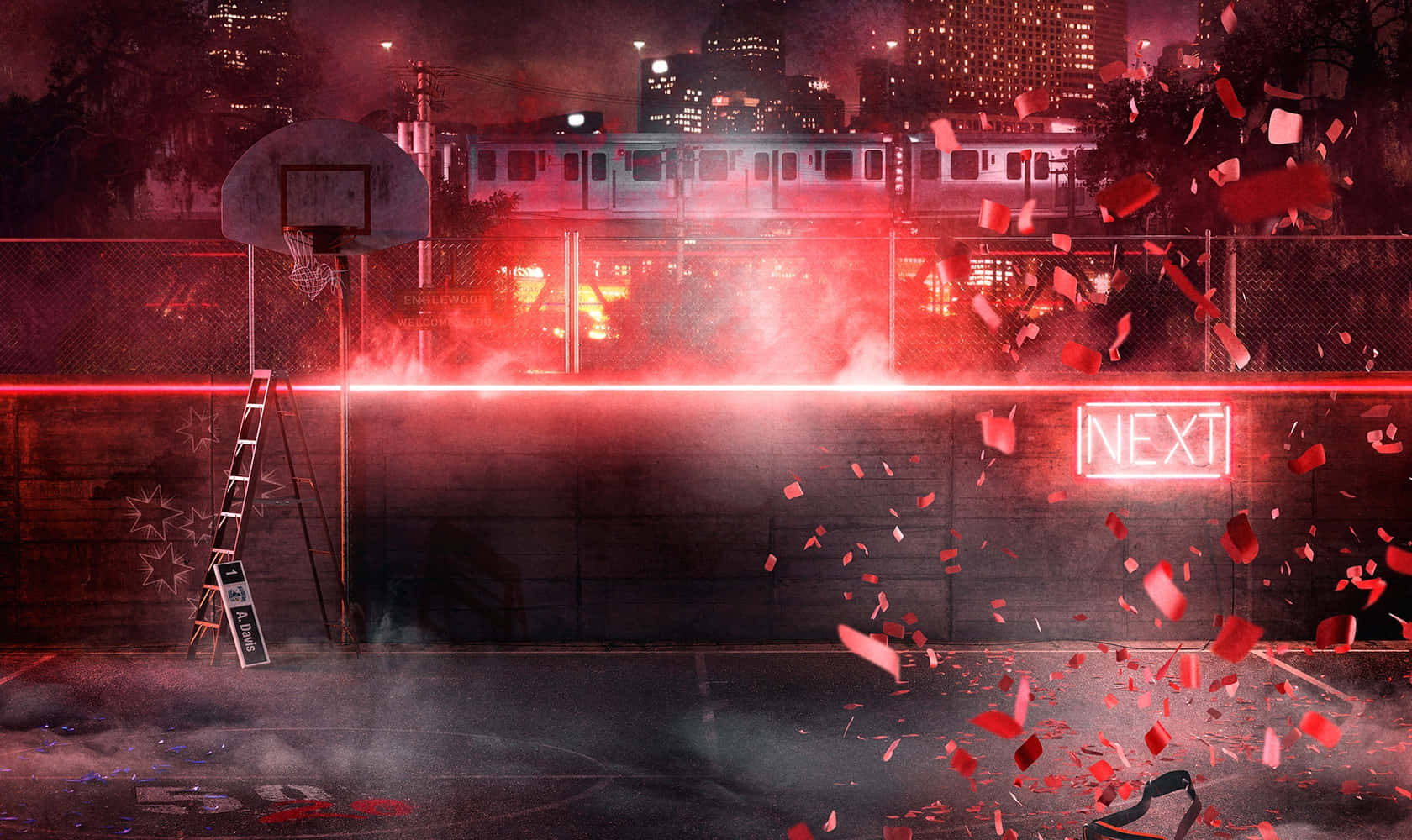 NBA 2k20 桌布 壁紙 — 夜晚霓虹燈照亮的城市籃球場，紅色紙屑爆炸，發光的'NEXT'標誌，背景是城市天際線。