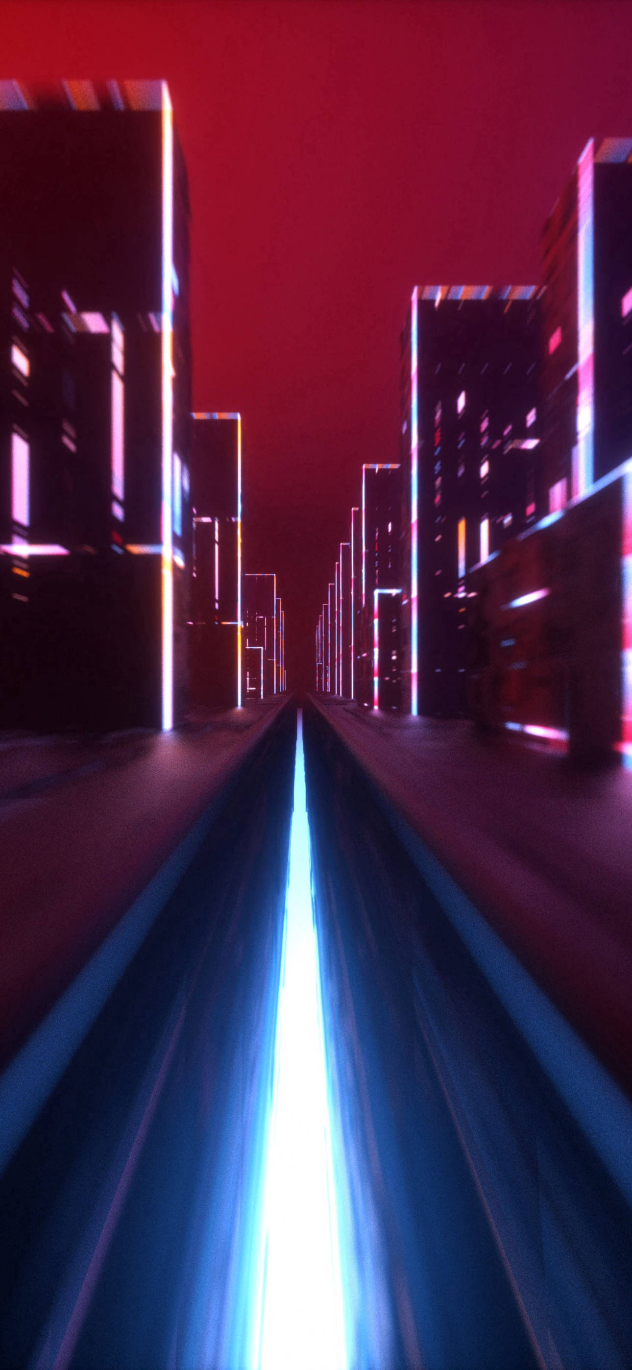 speeding car 桌布 壁紙 — 夜晚霓虹燈照亮的未來城市街道，帶有發光的藍色光條和紅色天空。