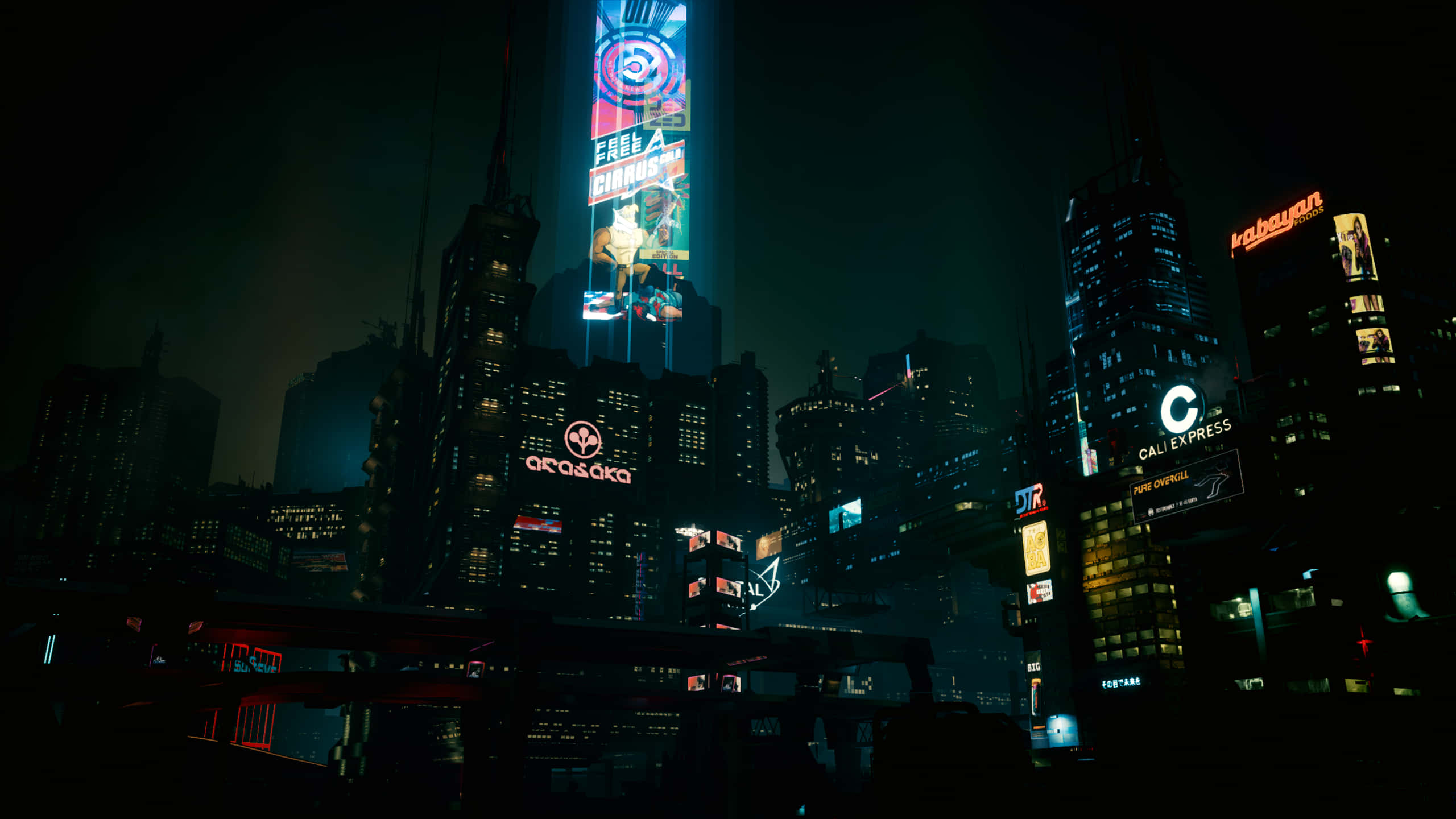 Dark Cyberpunk 桌布 壁紙 — 夜晚霓虹燈照亮的賽博朋克城市景觀，高聳的摩天大樓展示著充滿活力的數位廣告牌和發光的廣告。