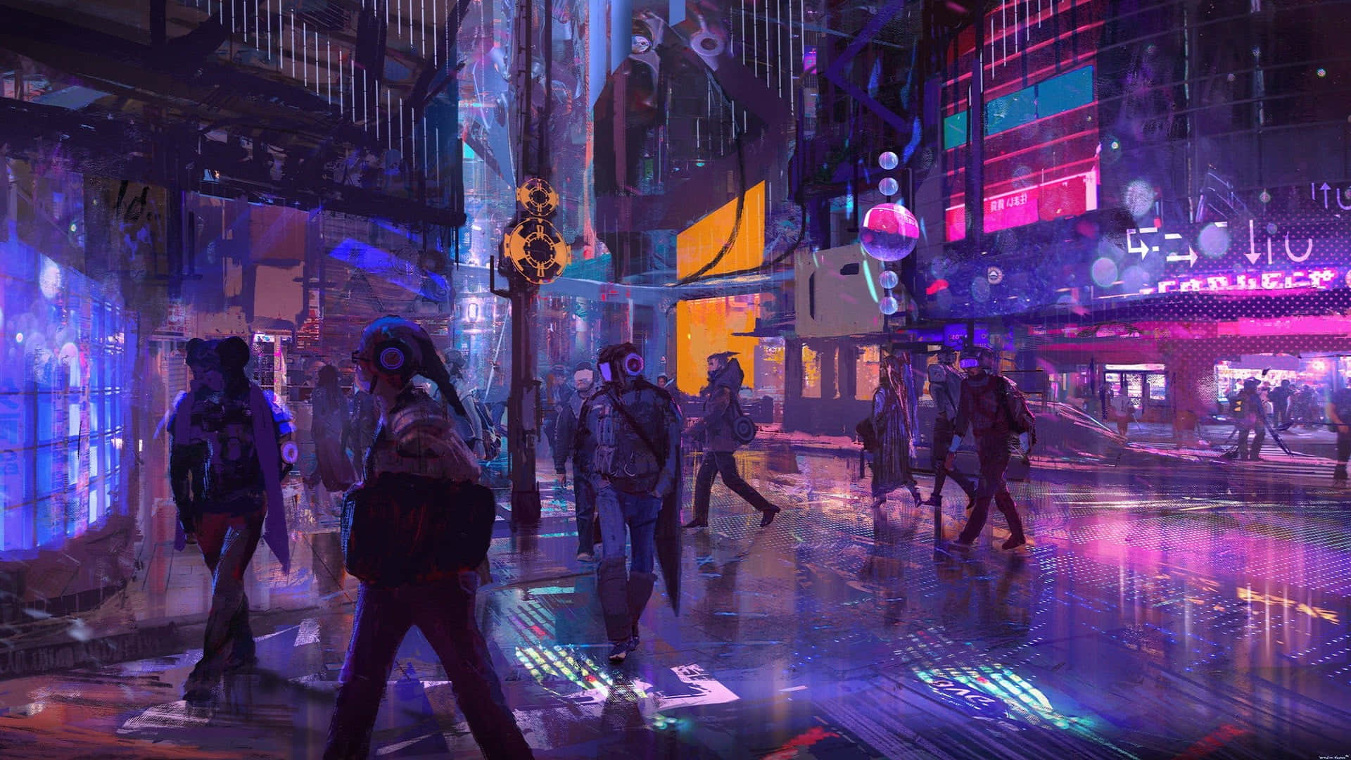 3d City 桌布 壁紙 — 夜晚霓虹燈照亮的賽博朋克街道，雨水濕滑的路面反射著發光的招牌和穿著未來裝備的行人。