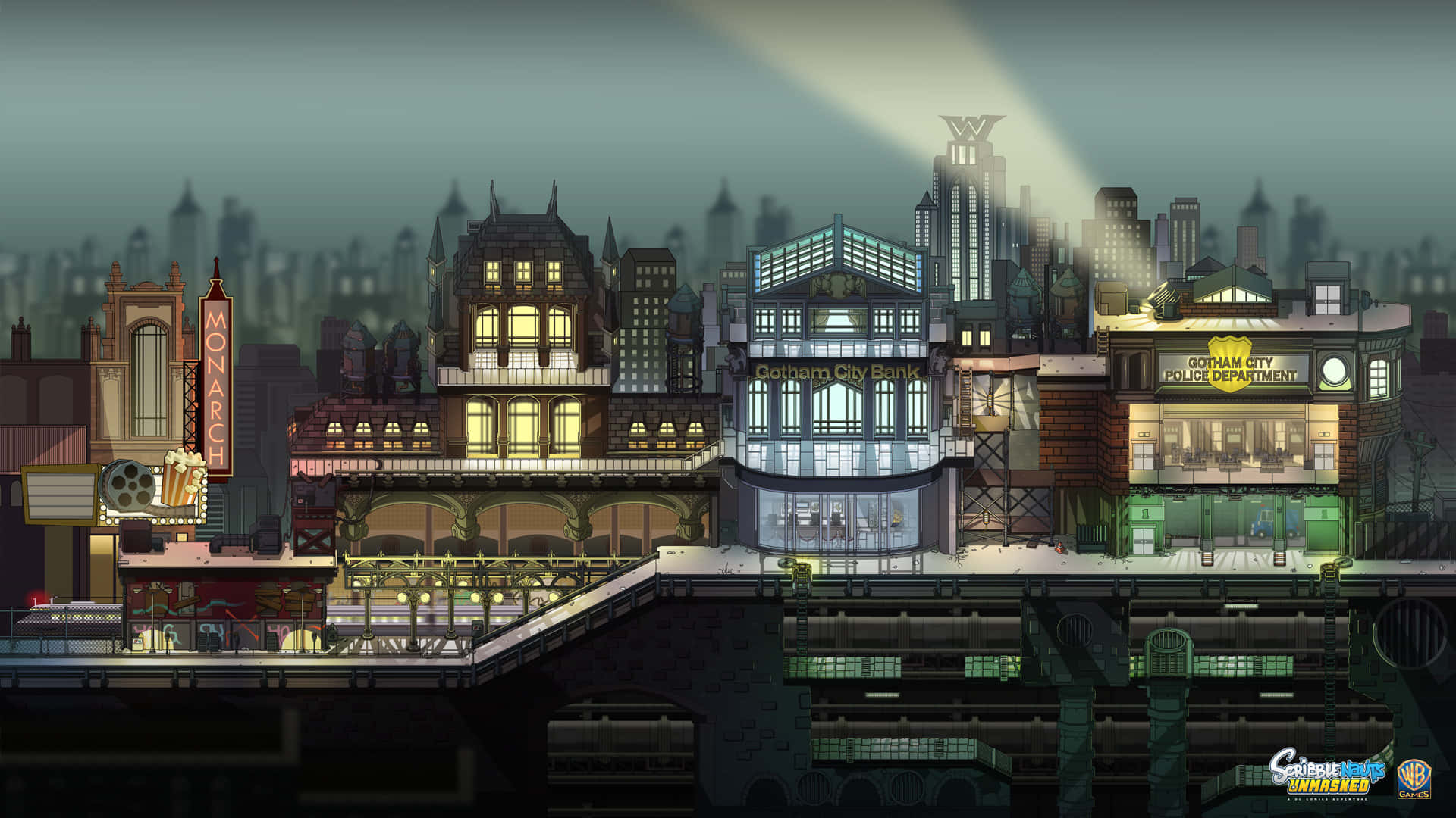 Gotham City Police Department 桌布 壁紙 — 夜晚高譚市天際線，建築物燈火通明，一道聚光燈光束劃破霧濛濛的天空。