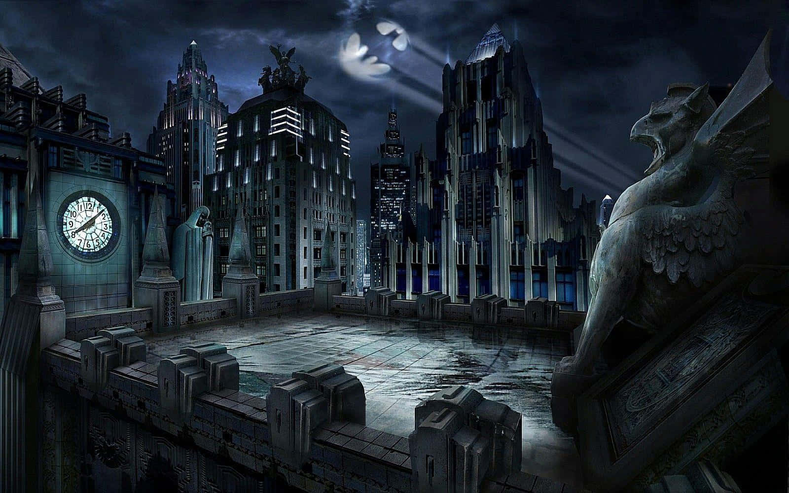 3d City 桌布 壁紙 — 夜晚黑暗的哥德式城市景觀，有高聳的摩天大樓、鐘樓和月光下的石像鬼雕像。
