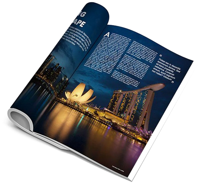 夜景城市風光雜誌內頁 壁紙 — 一本打開的雜誌展示了充滿活力的新加坡夜景，濱海灣金沙和藝術科學博物館在水中的倒影閃閃發光。